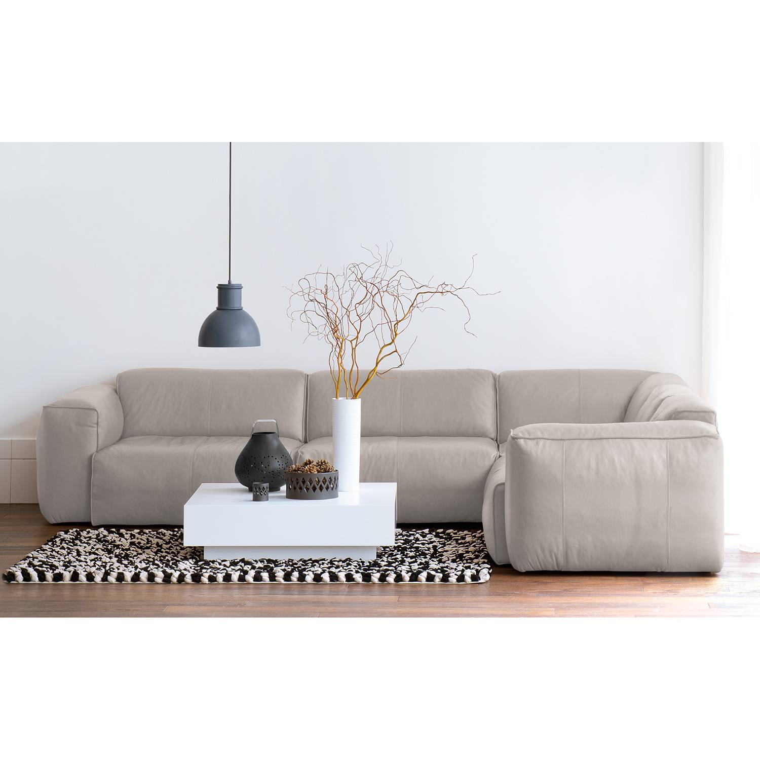 home24 Studio Copenhagen Ecksofa Hudson II Hellgrau Echtleder 325x71x260 cm (BxHxT) Skandi