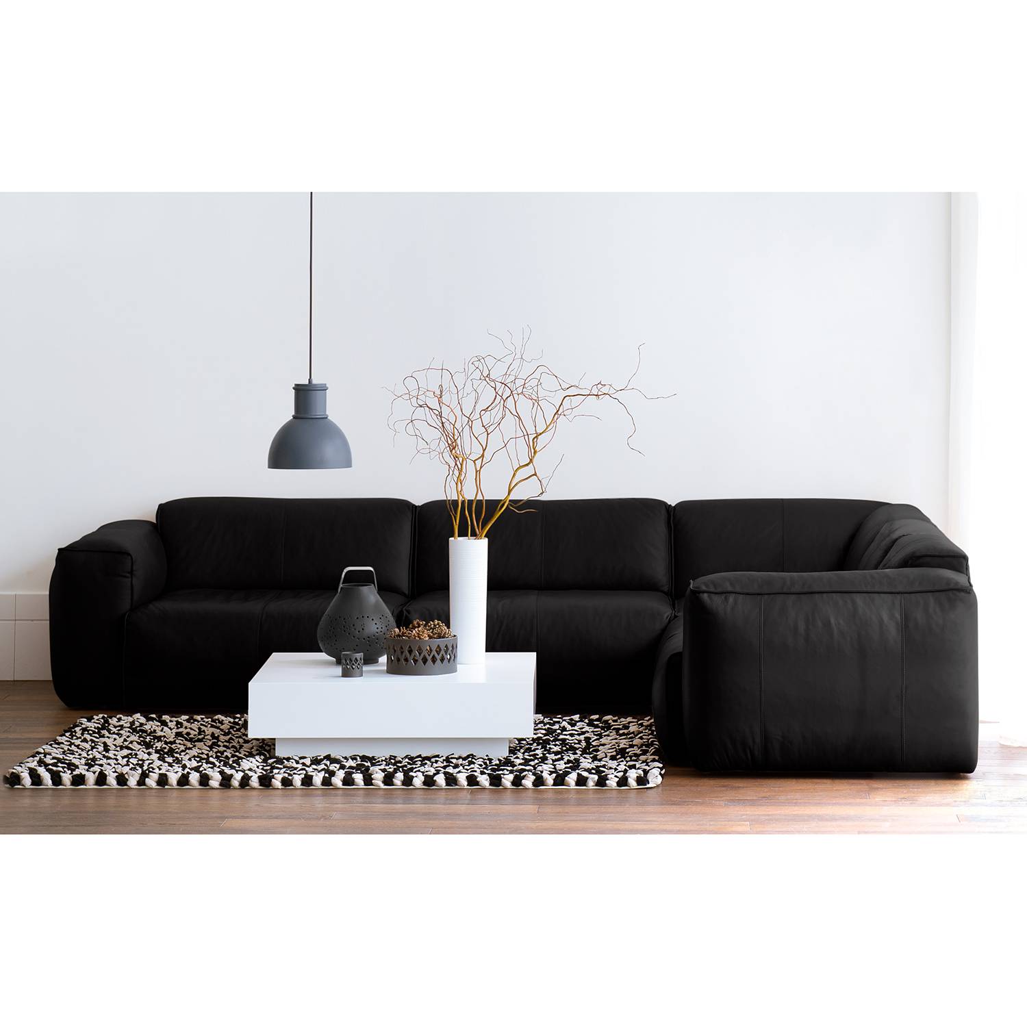 home24 Studio Copenhagen Ecksofa Hudson II Schwarz Echtleder 325x71x260 cm (BxHxT) Skandi