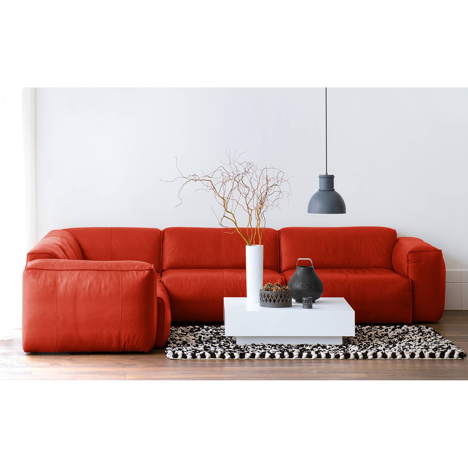 home24 Studio Copenhagen Ecksofa Hudson II Rot Echtleder 325x71x260 cm (BxHxT) Skandi
