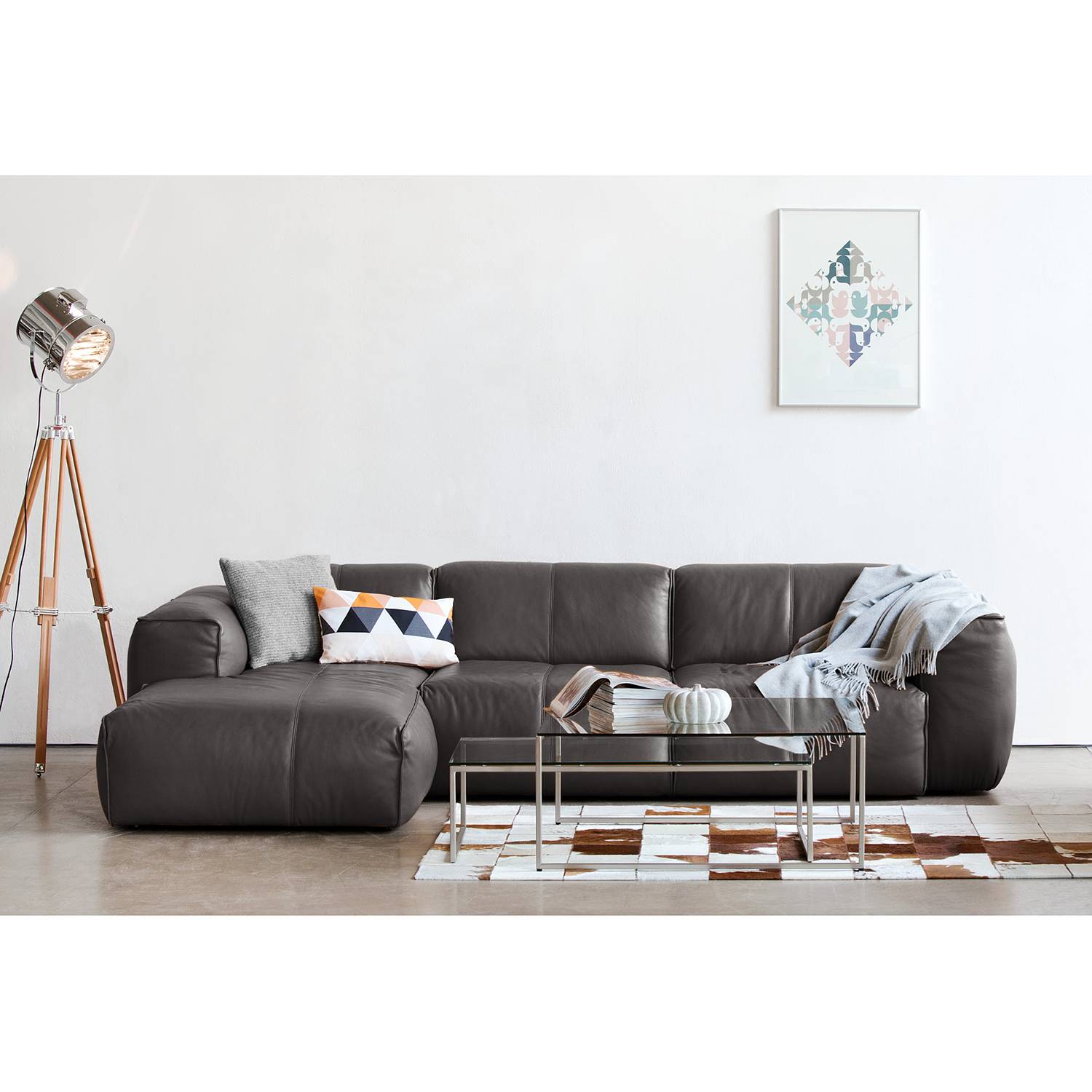 home24 Studio Copenhagen Ecksofa Hudson IV Grau Echtleder 295x71x173 cm (BxHxT) Skandi