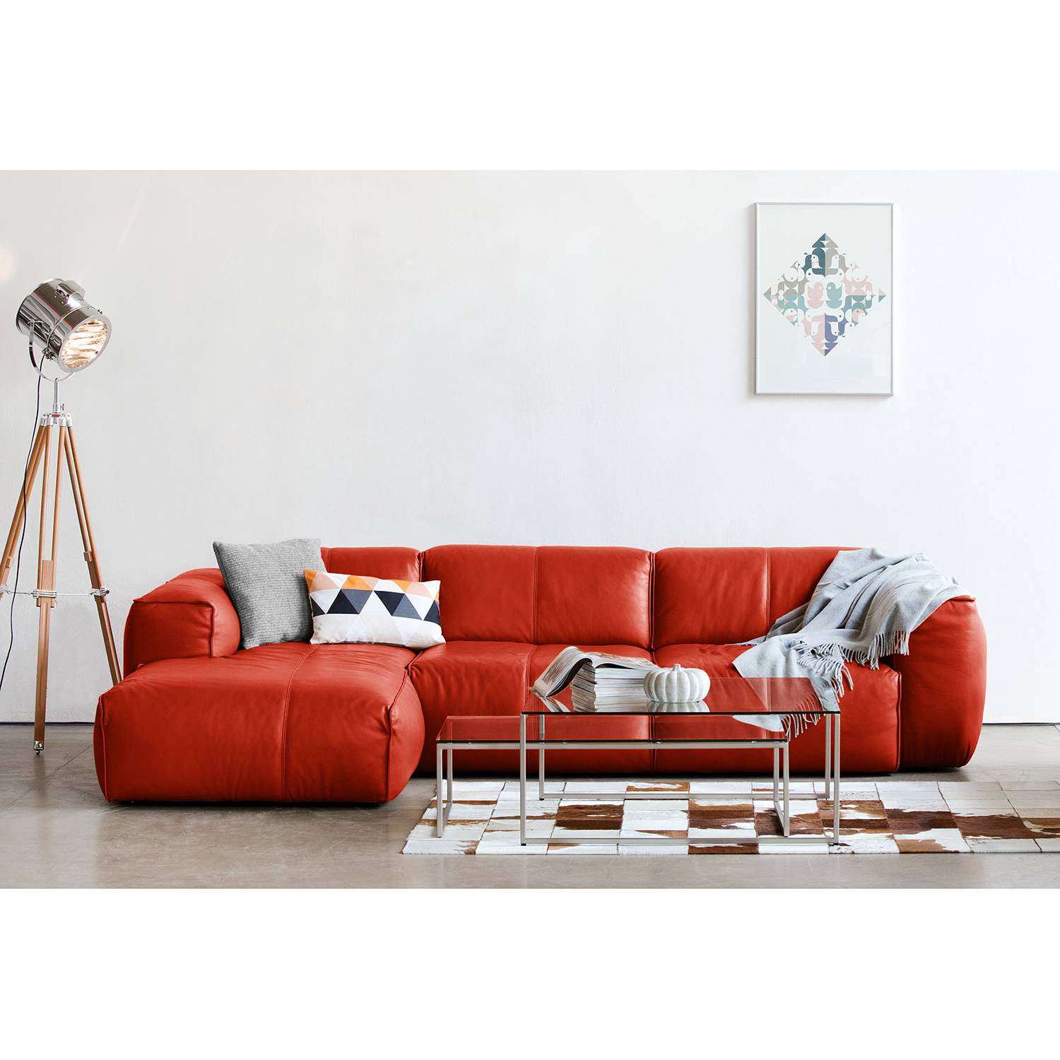 home24 Studio Copenhagen Ecksofa Hudson IV Rot Echtleder 295x71x173 cm (BxHxT) Skandi