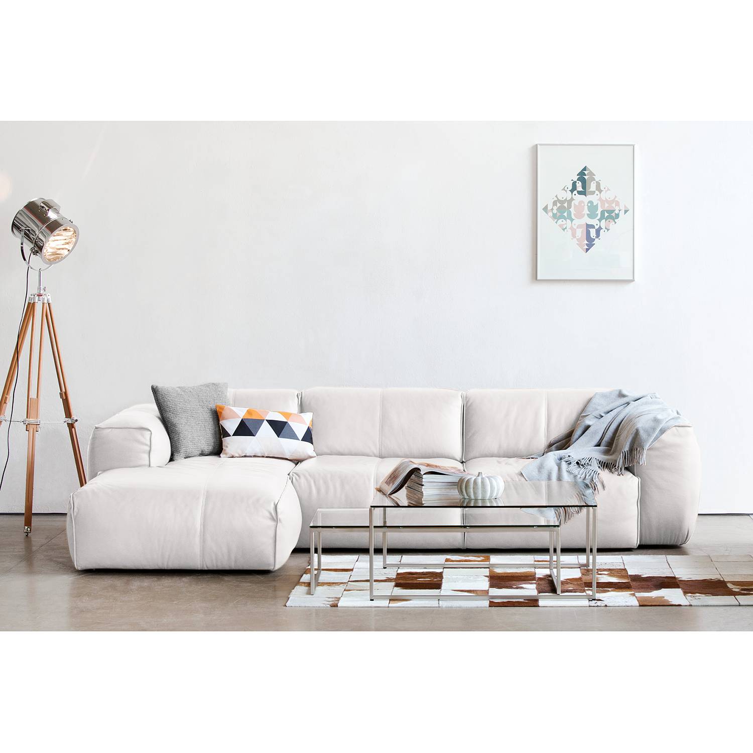 home24 Studio Copenhagen Ecksofa Hudson IV Weiß Echtleder 295x71x173 cm (BxHxT) Skandi