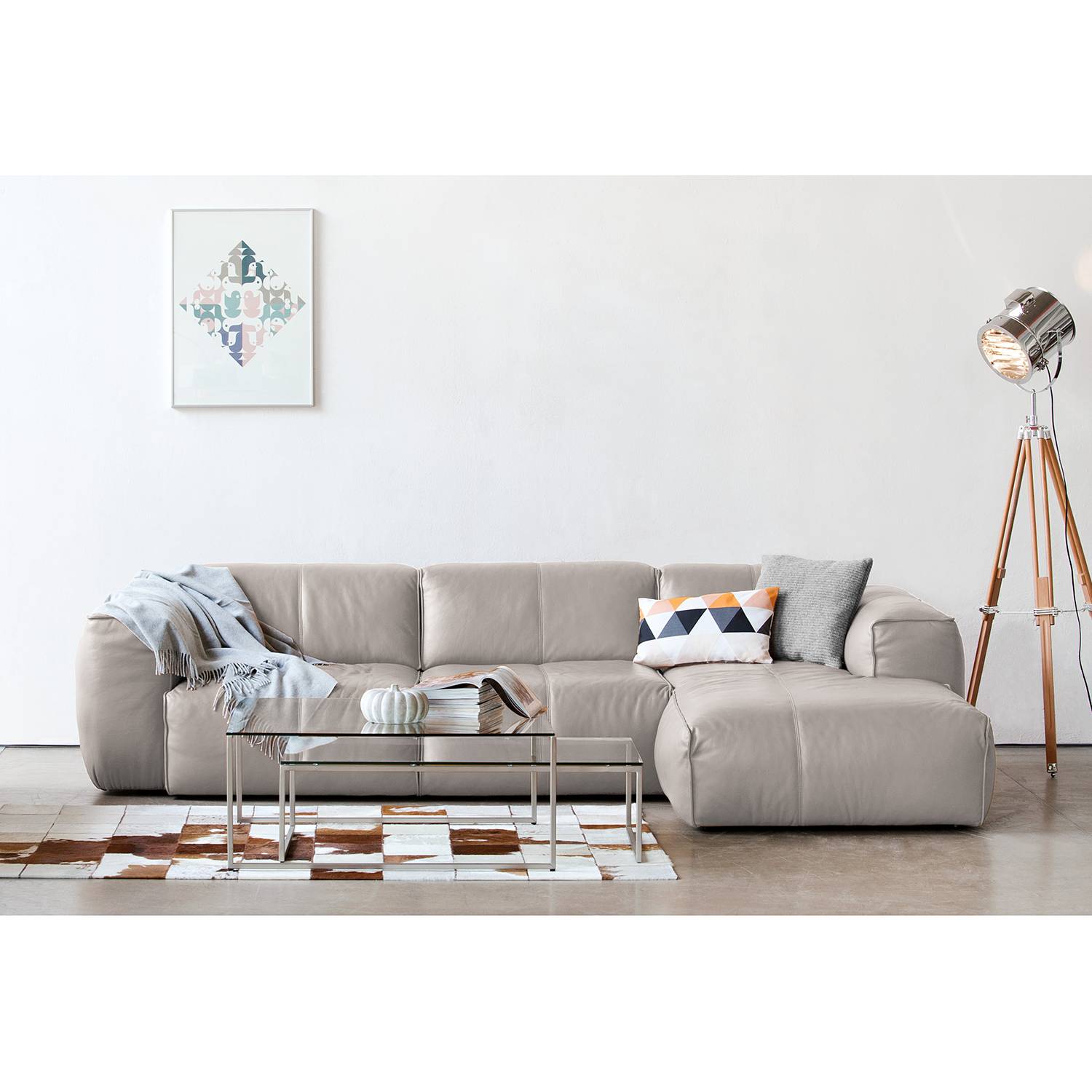 home24 Studio Copenhagen Ecksofa Hudson IV Hellgrau Echtleder 295x71x173 cm (BxHxT) Skandi