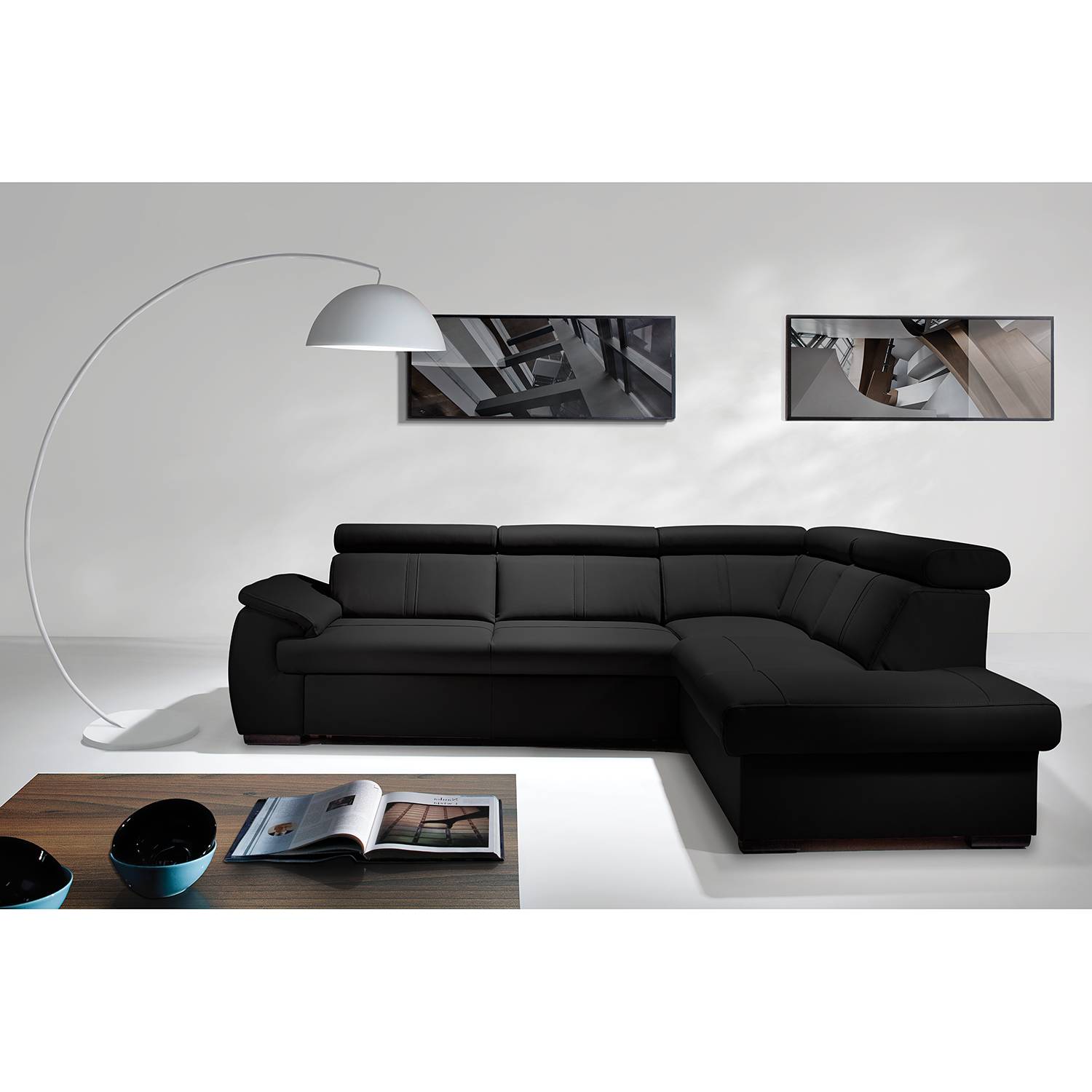 home24 loftscape Ecksofa Olival IV 2-Sitzer Schwarz Echtleder 265x82x210 cm mit Schlaffunktion und Bettkasten