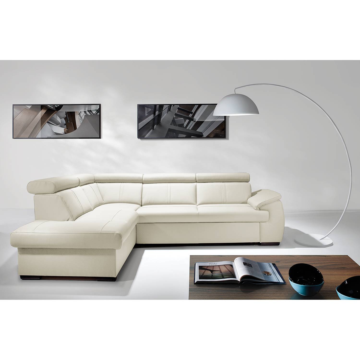 home24 loftscape Ecksofa Olival IV 2-Sitzer Altweiß Echtleder 265x82x210 cm mit Schlaffunktion und Bettkasten