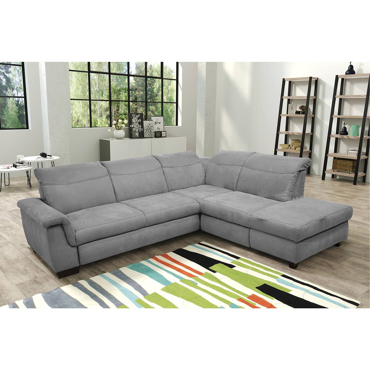 home24 Ars Natura Ecksofa Sunny Corner Hellgrau Strukturstoff 273x81x228 cm mit Schlaffunktion und Bettkasten