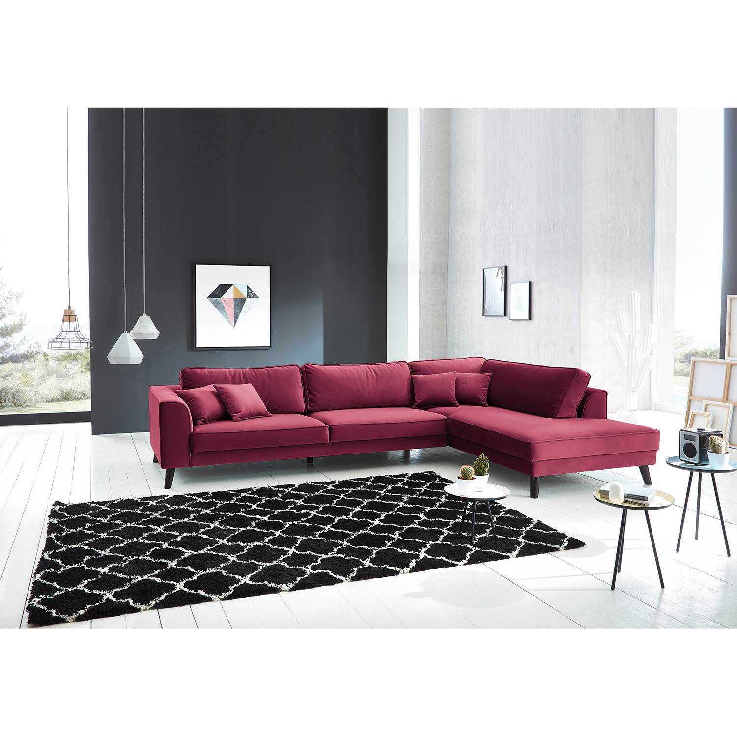 home24 Jack & Alice Ecksofa Venus Bay Bordeaux Samt 291x85x201 cm