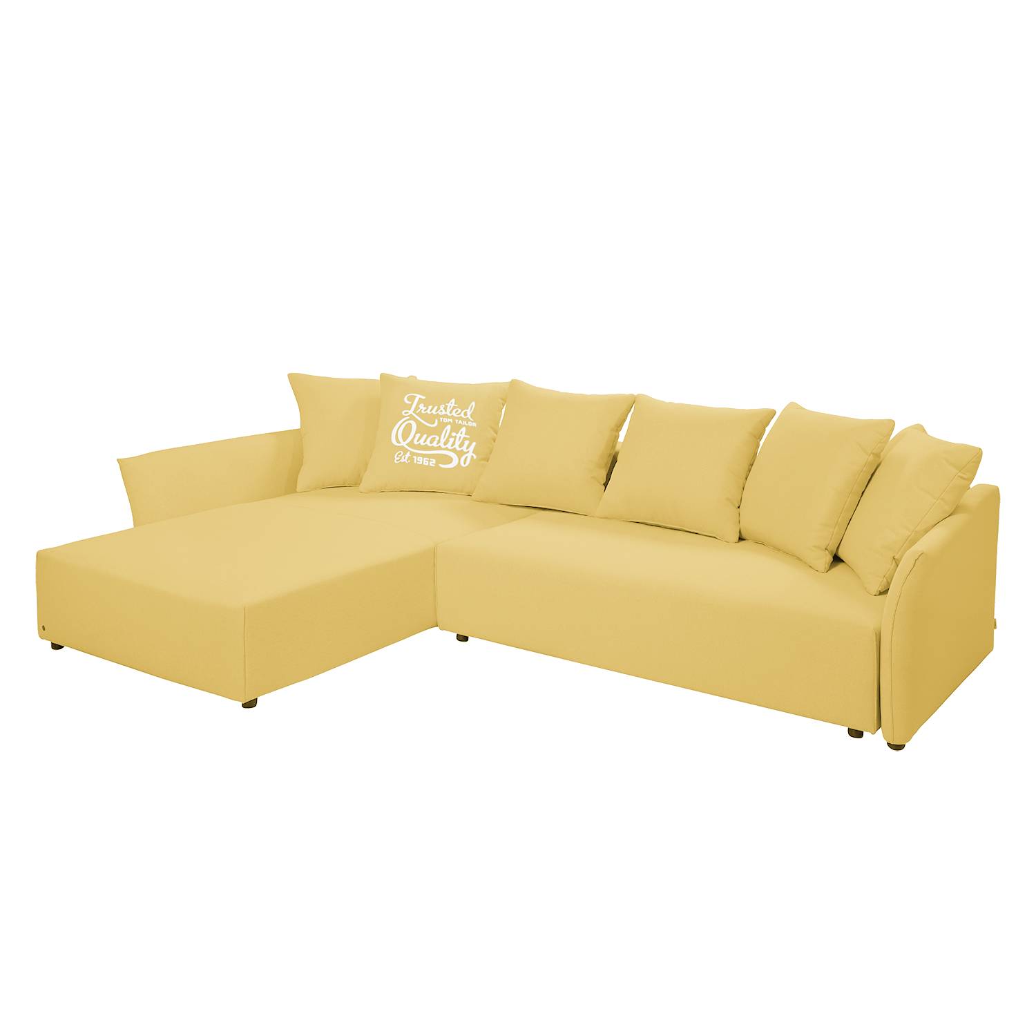 goedkoop Hoekbank Wings Casual met slaapfunctie structuurstof longchair vooraanzicht links Maïsgeel 6 kussen Tom Tailor