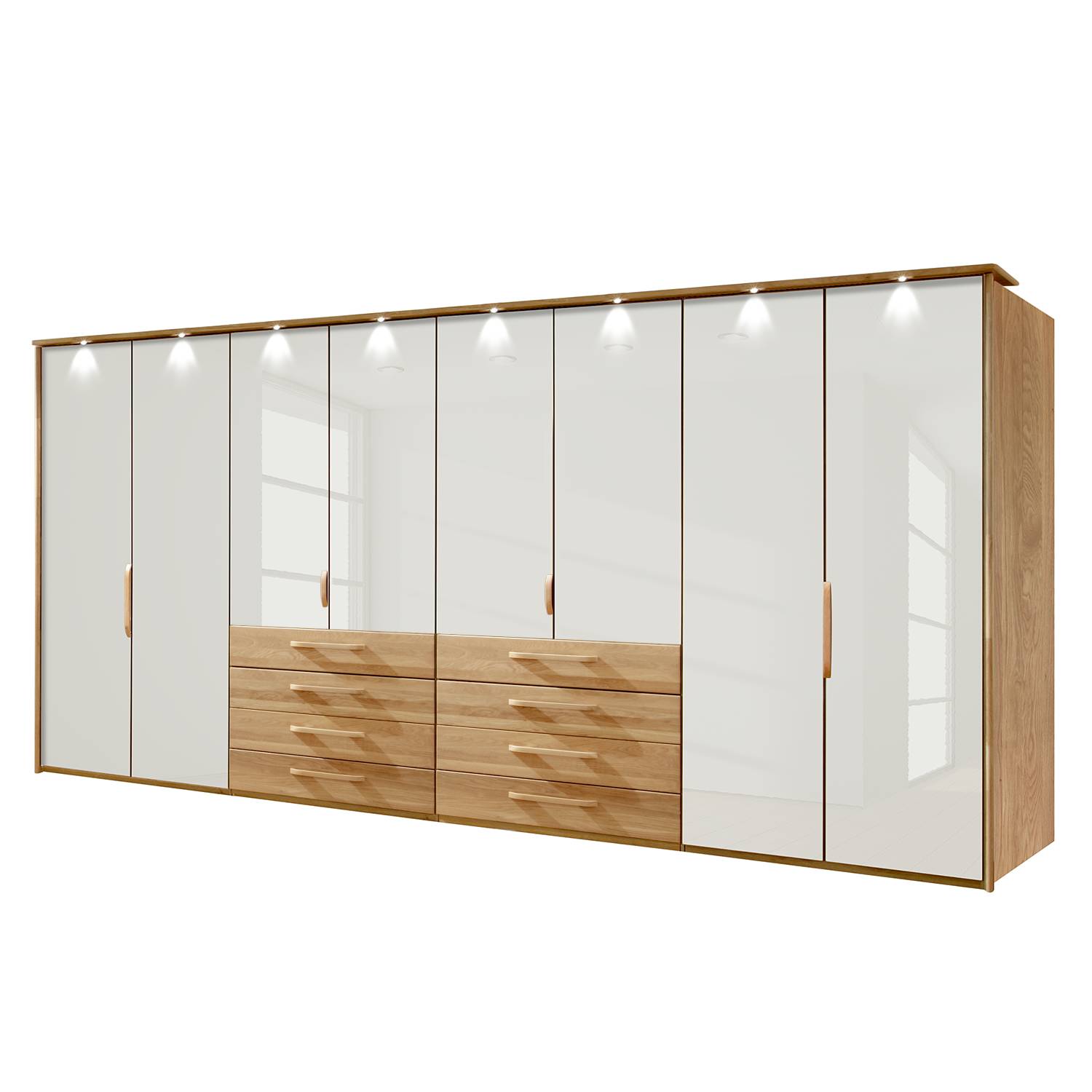 goedkoop energie A+ Kledingkast Torino deels massief eikenhout LED verlichting 400cm 8 deurs Magnolia Met verlichte Passe partout lijst Wiemann
