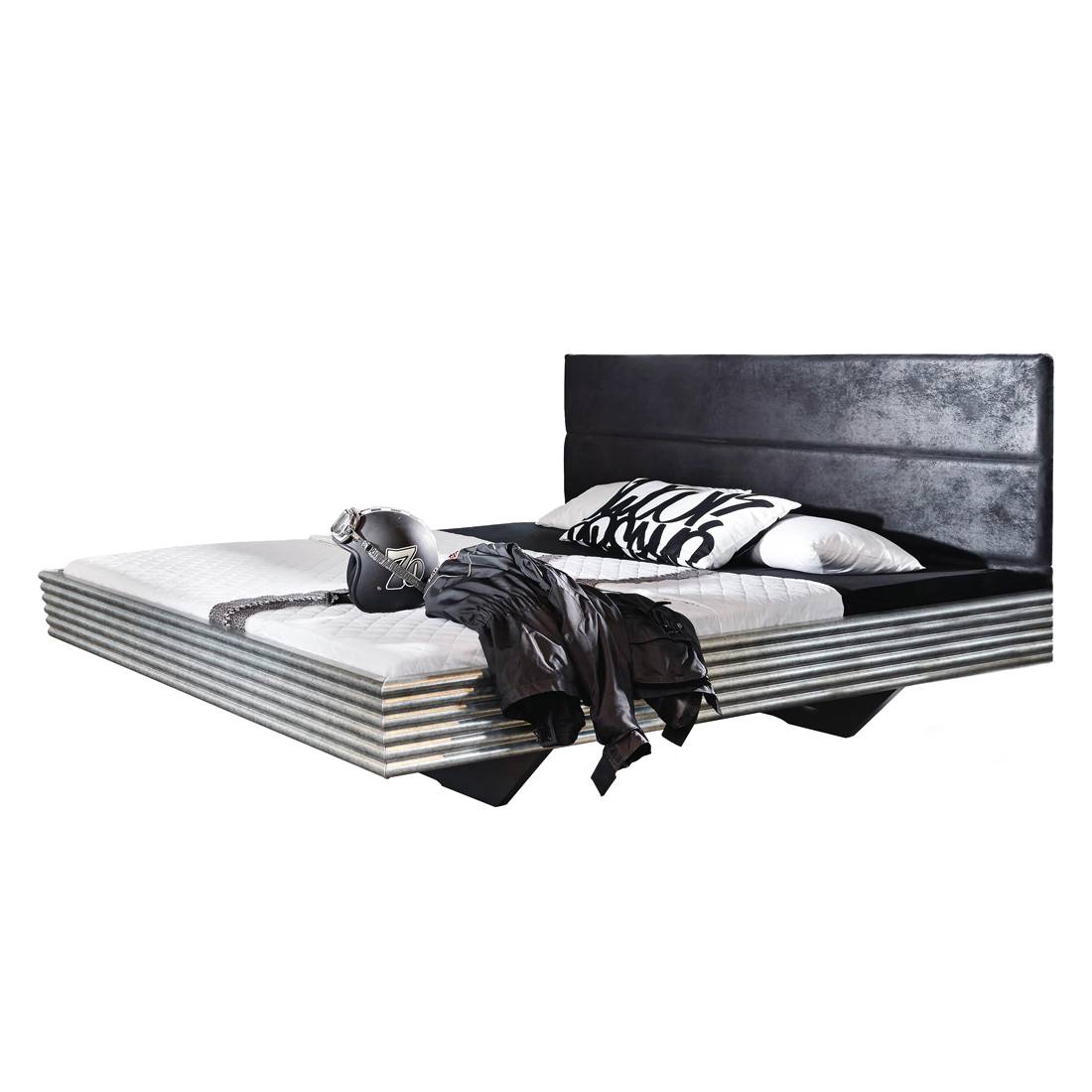 goedkoop Bed Workbase I zilveren plaat zwart Buffalo kunstleer 160 x 200cm Rauch Select