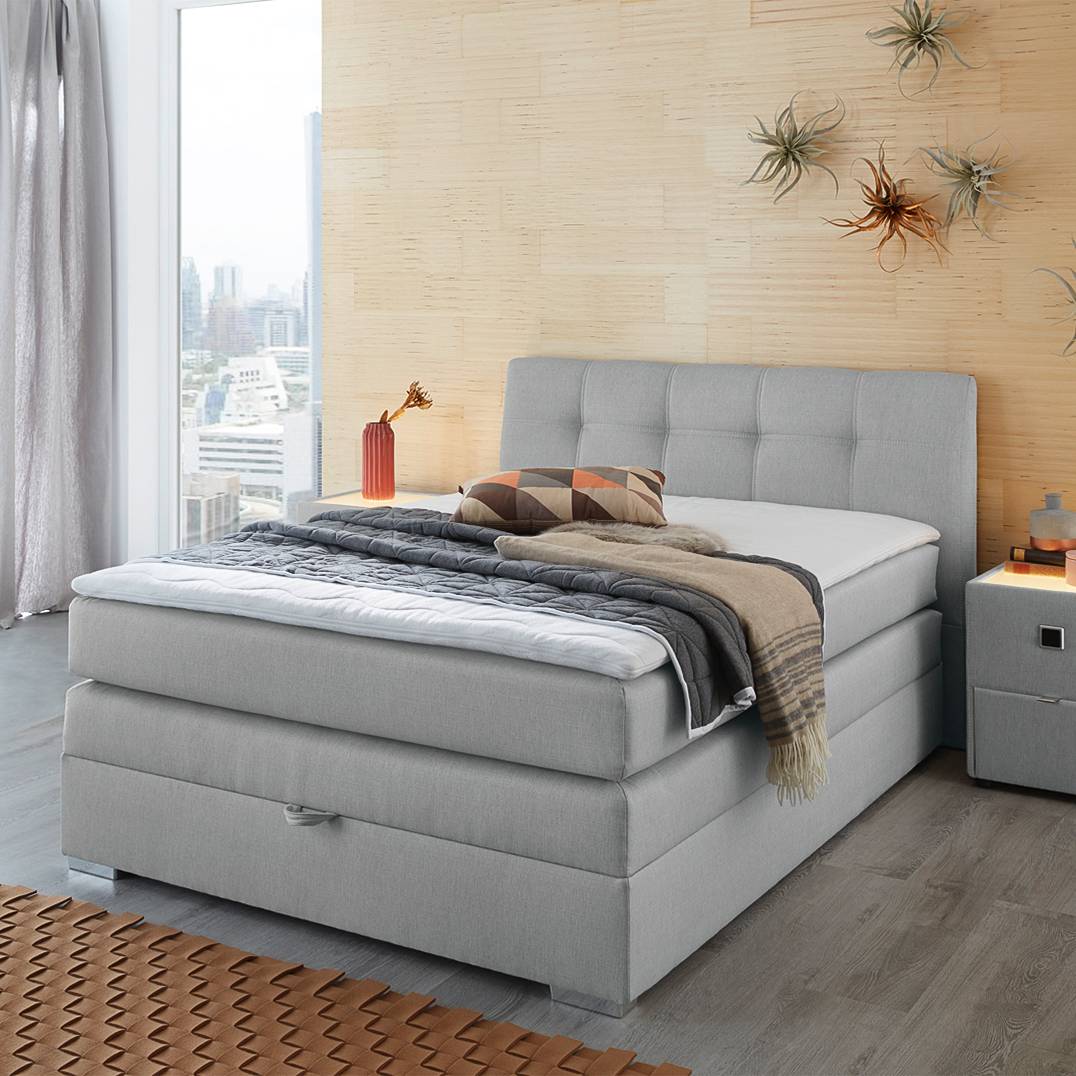 home24 Fredriks Boxspringbett Amelie 140x200 cm Webstoff Hellgrau mit Bettkasten/Matratze/Kaltschaumtopper