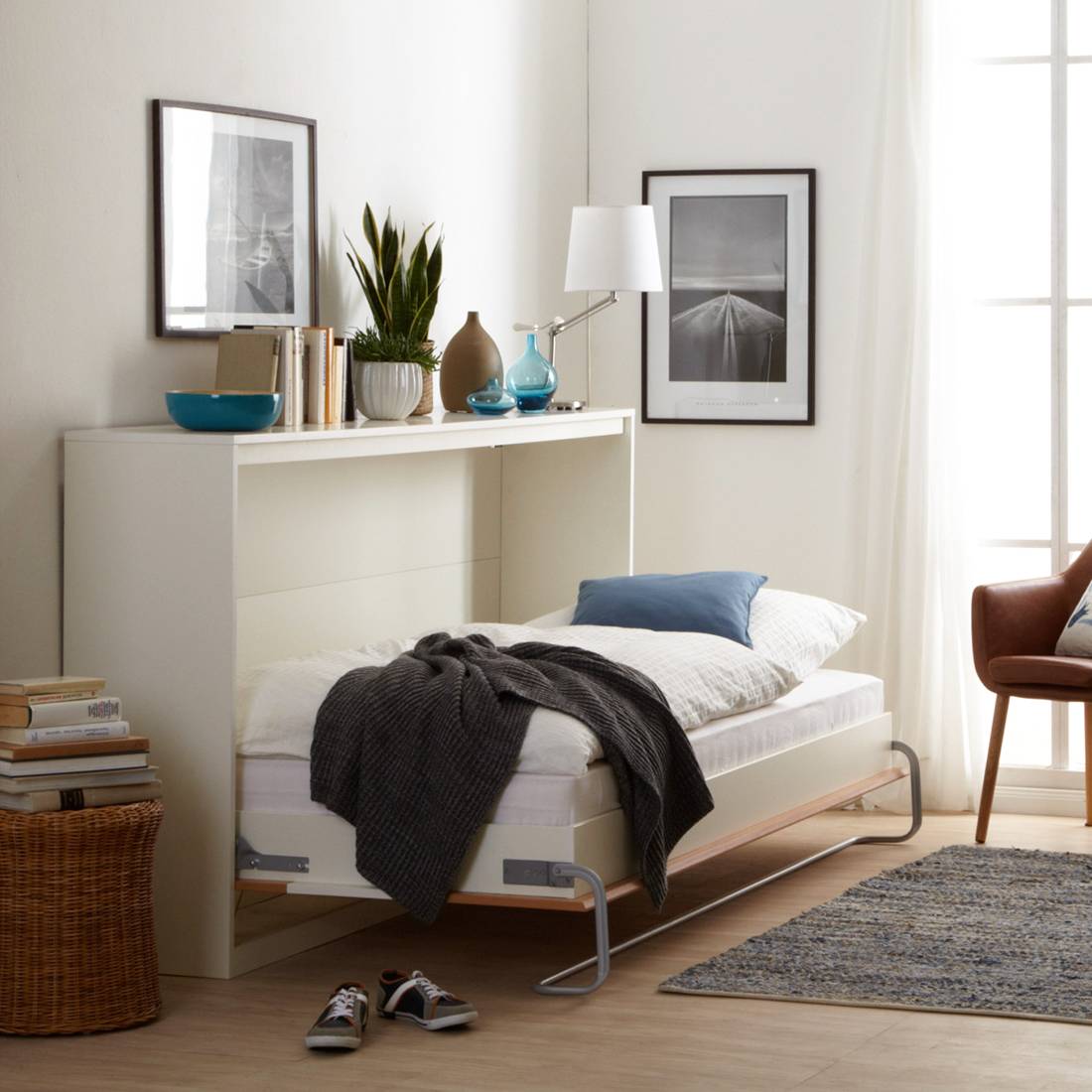 home24 Fredriks Schrankbett KiYDOO smart 90x200 cm Spanplatte Weiß mit Lattenrost/Matratze
