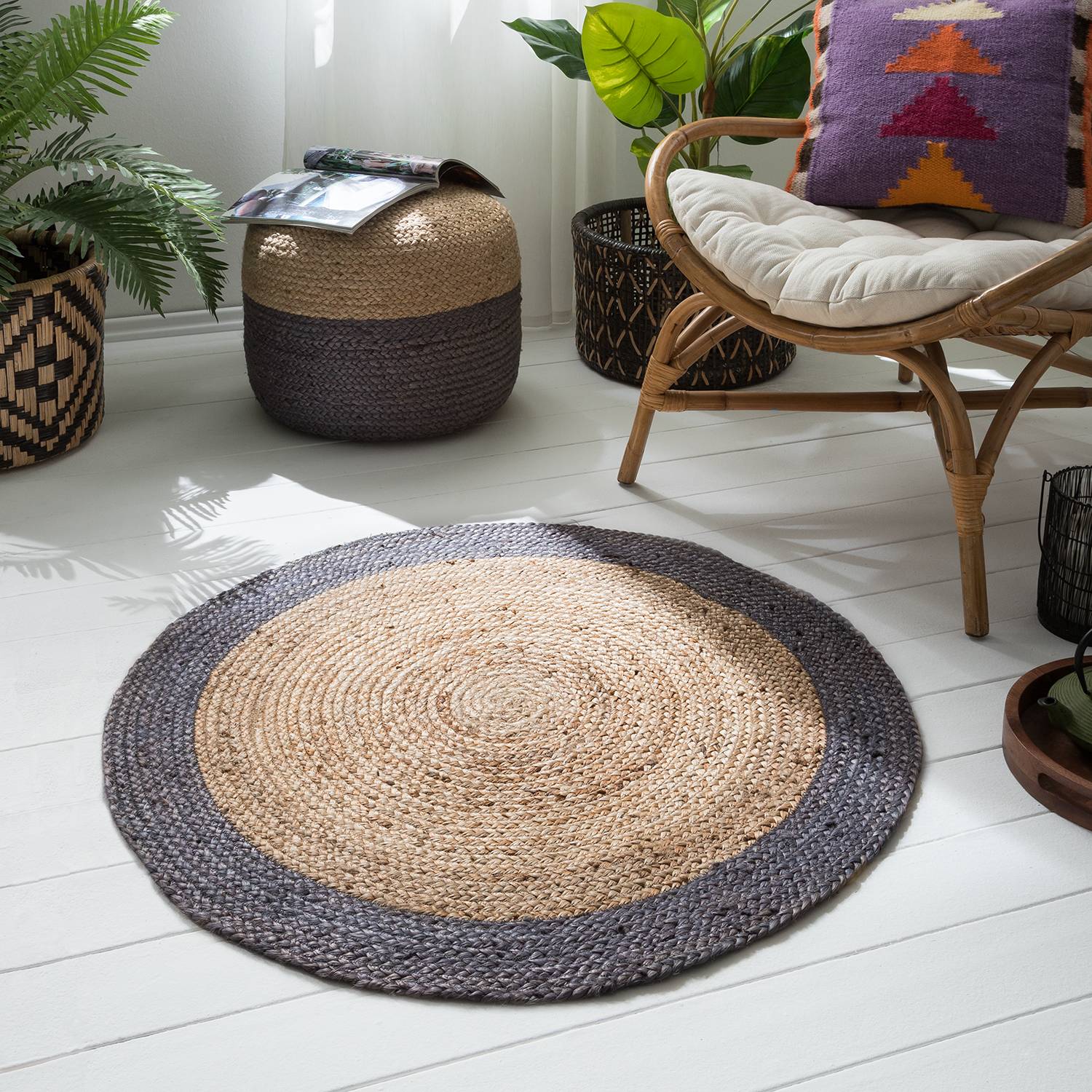 home24 Top Square Juteteppich Sues Beige/Grau Ø 150 cm