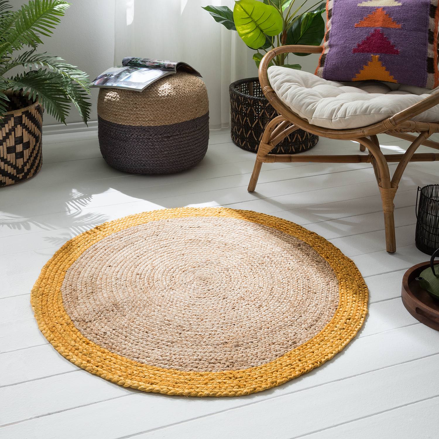 home24 Top Square Juteteppich Zaafarana Beige/Gelb Rund Ø 150 cm Gestreift