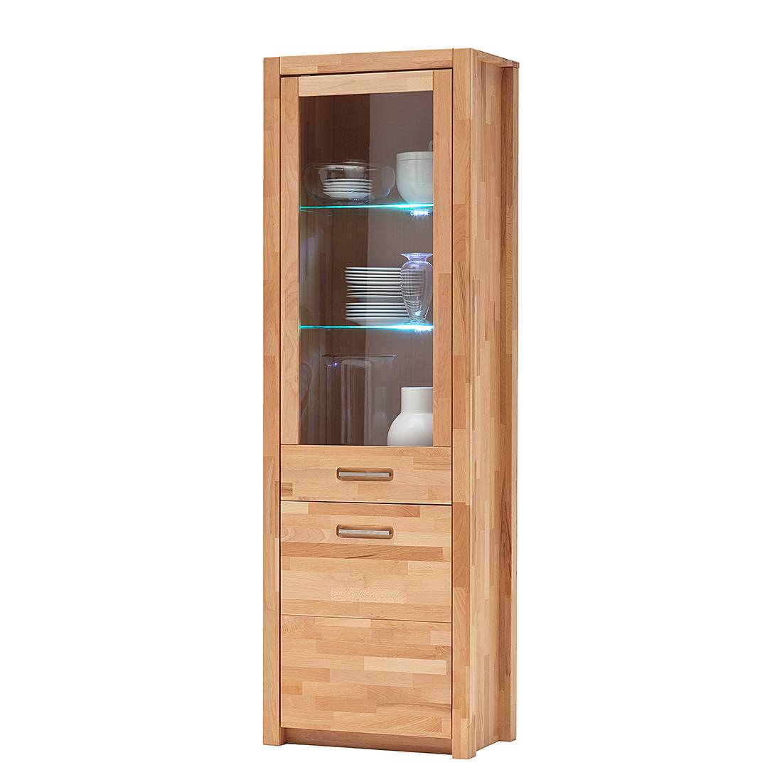 home24 Ars Natura Standvitrine Majona Massivholz Kernbuche 66x203x40 cm (BxHxT) LED