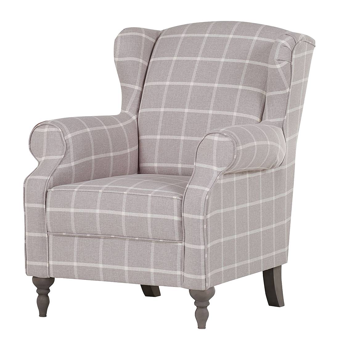 home24 Ridgevalley Ohrensessel Cosimo II Grau kariert Microfaser 84x101x80 cm (BxHxT)