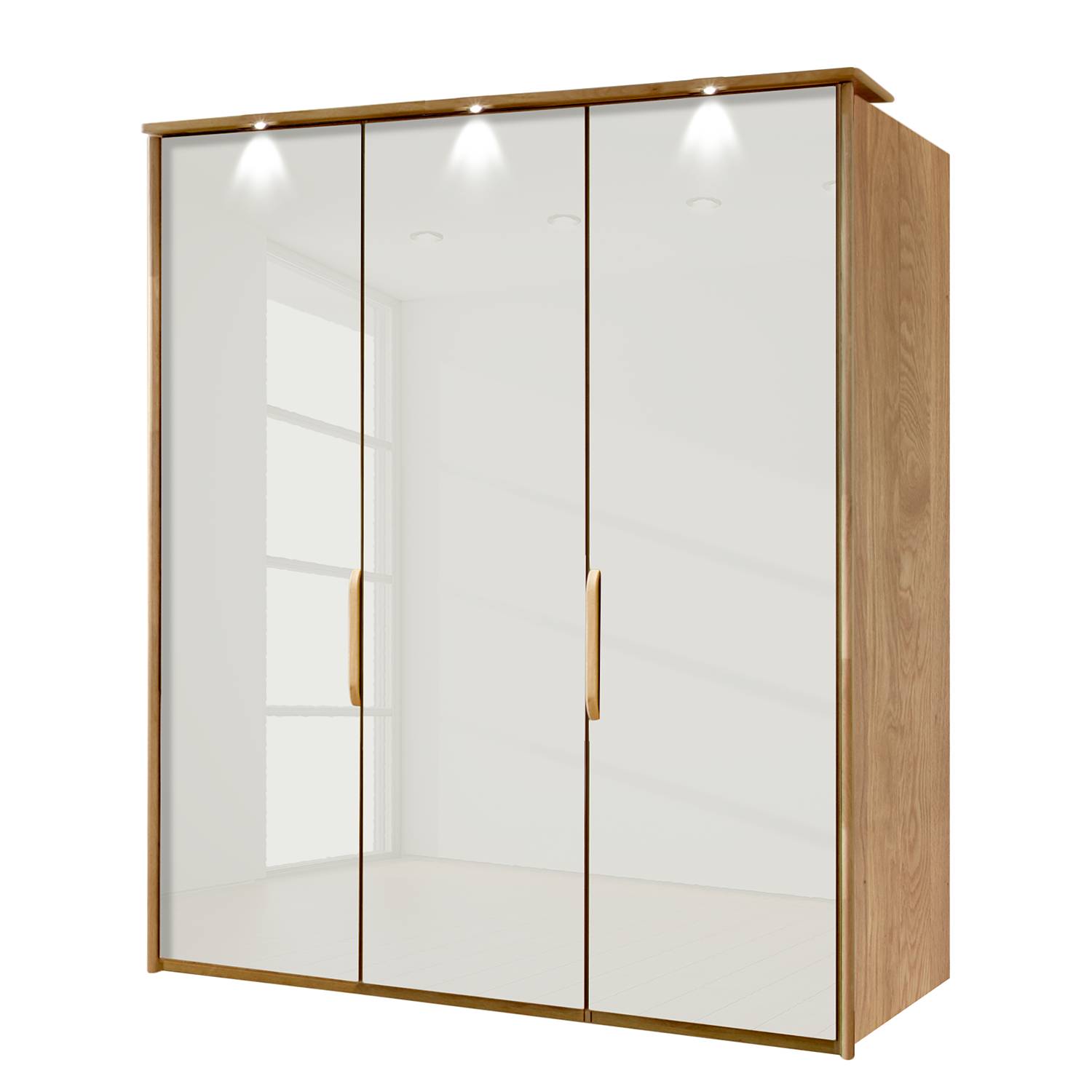 goedkoop energie A+ Kledingkast Torino deels massief eikenhout Met verlichting 150cm 3 deurs Magnolia Met verlichte Passe partout lijst Wiemann