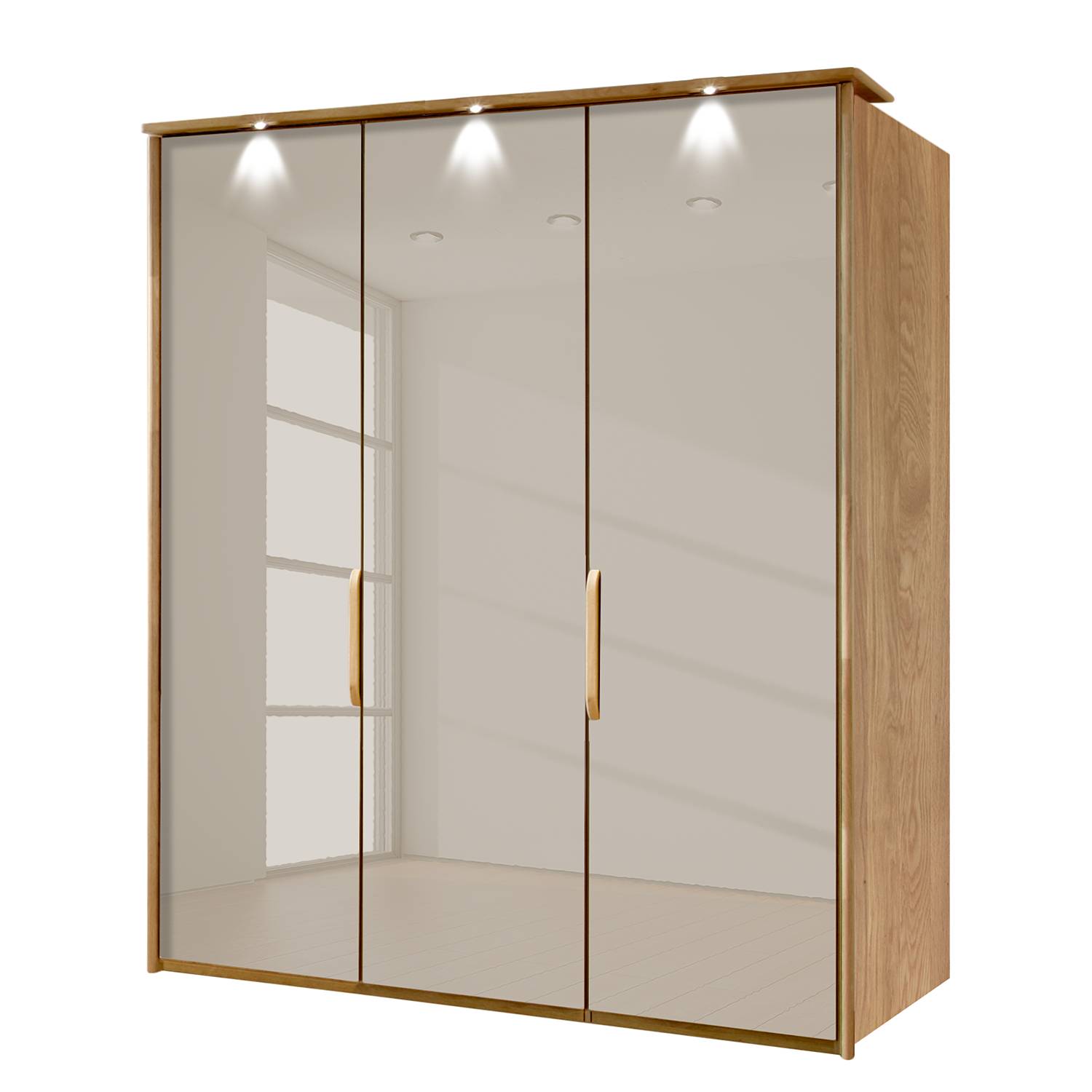 goedkoop energie A+ Kledingkast Torino deels massief eikenhout Met verlichting 150cm 3 deurs Saharakleurig Met verlichte Passe partout lijst Wiemann