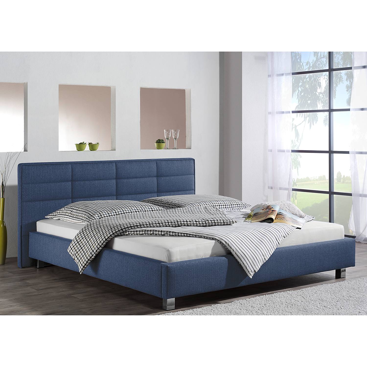 home24 loftscape Polsterbett Parsberg 200x200 cm Webstoff Jeansblau Modern