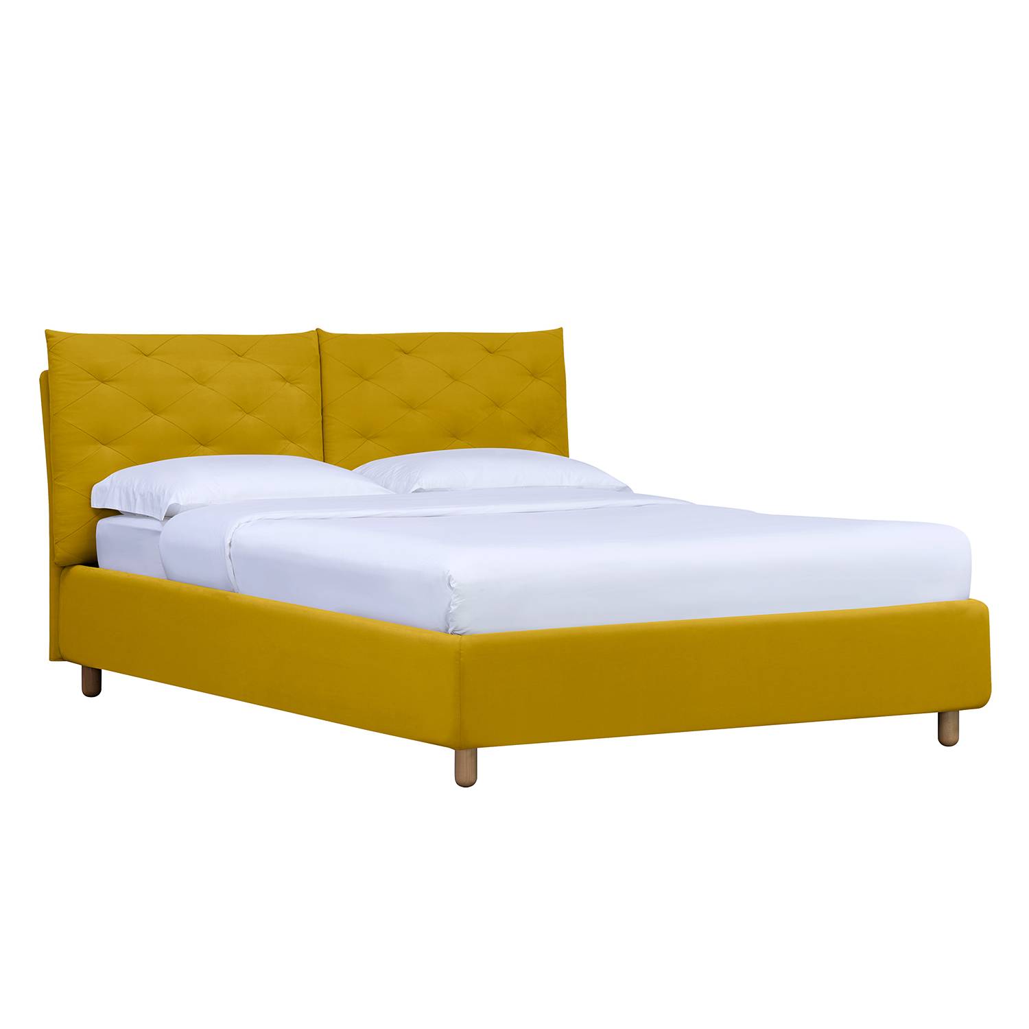 goedkoop Gestoffeerd bed Versa II 140 x 200cm Met bedlade Natuurlijk beukenhout Stof Valona Mosterdgeel Studio Copenhagen