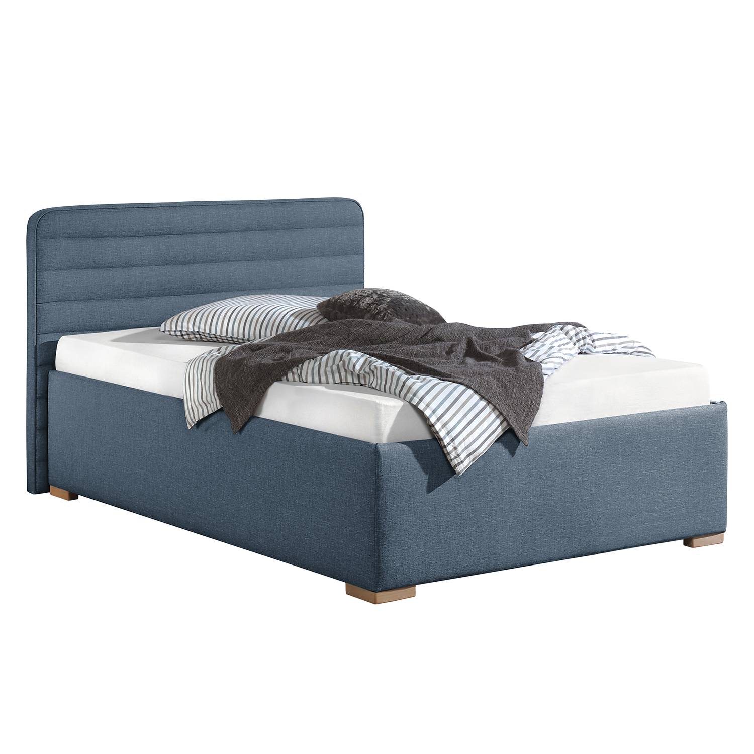 goedkoop Gestoffeerd bed Vitaby structuurstof 140 x 200cm Bedframe zonder matras & lattenbodem Jeansblauw Maison Belfort