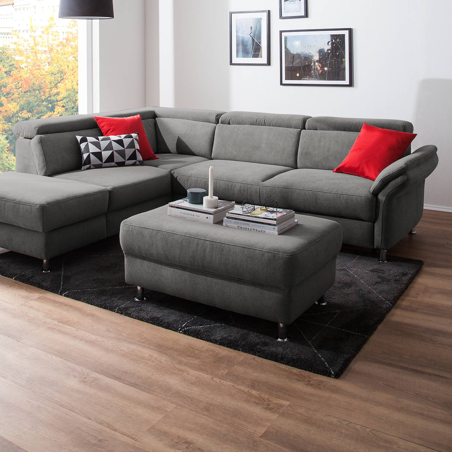 home24 Fredriks Polsterhocker Calang Grau Webstoff 102x45x68 cm (BxHxT) Modern