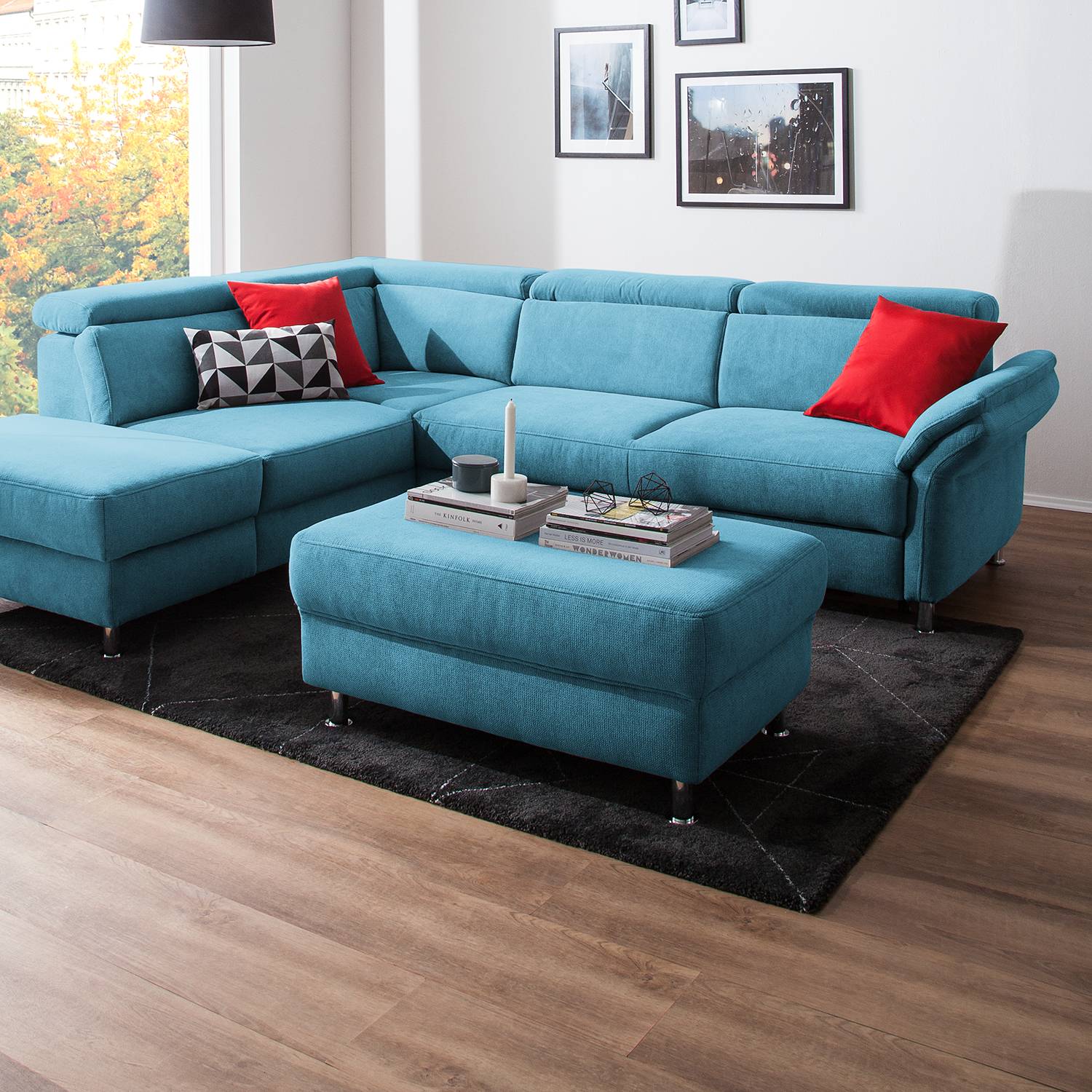 home24 Fredriks Polsterhocker Calang Hellblau Webstoff 102x45x68 cm (BxHxT) Modern