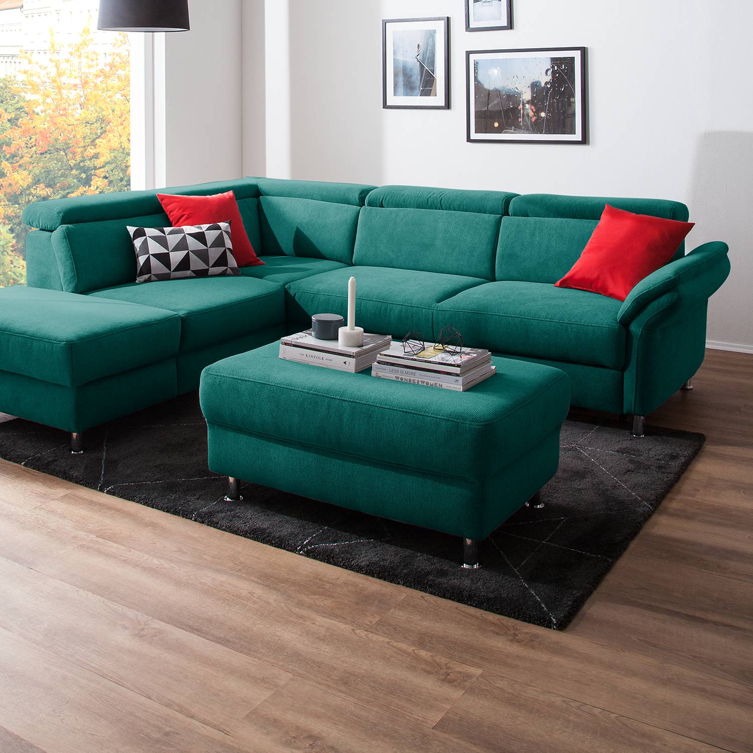home24 Fredriks Polsterhocker Calang Petrol Webstoff 102x45x68 cm (BxHxT) Modern