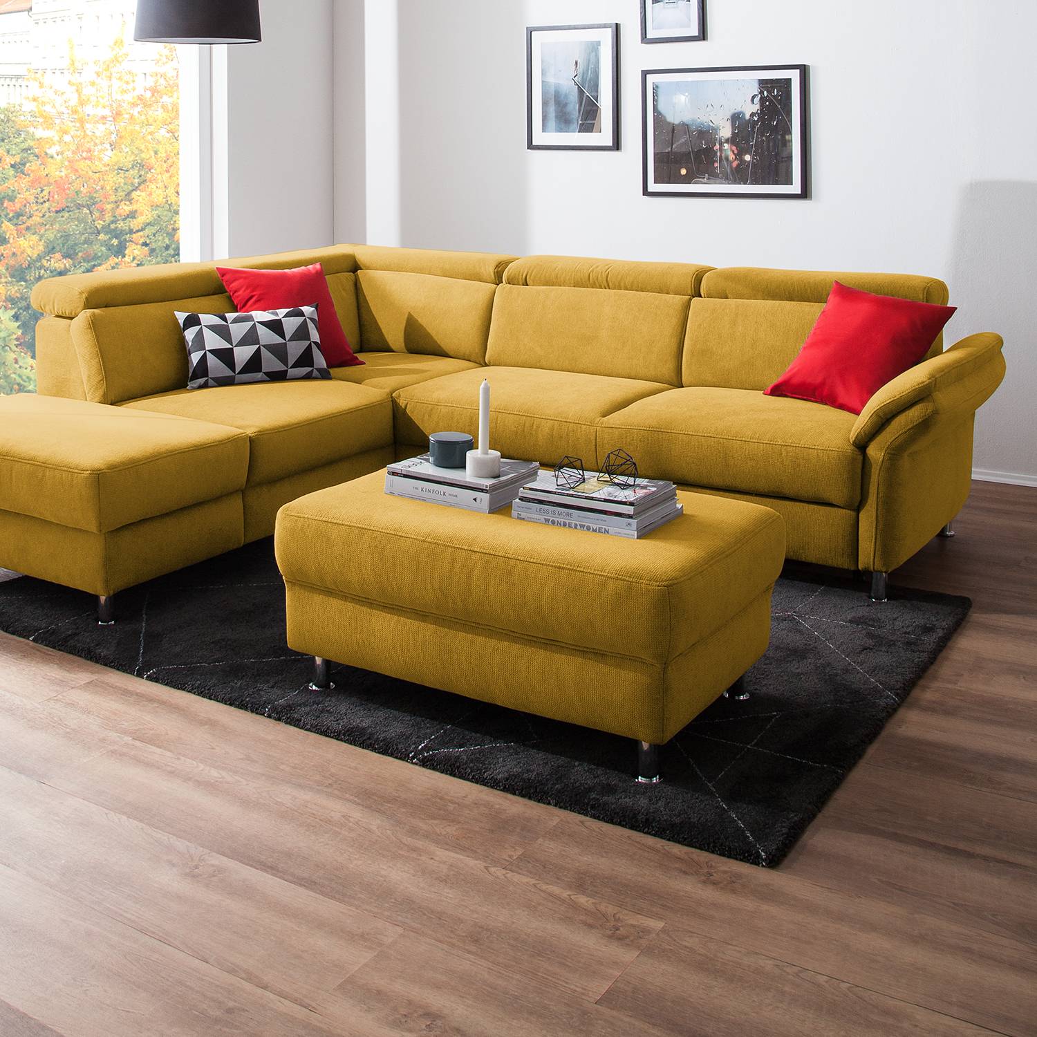 home24 Fredriks Polsterhocker Calang Safrangelb Webstoff 102x45x68 cm (BxHxT) Modern