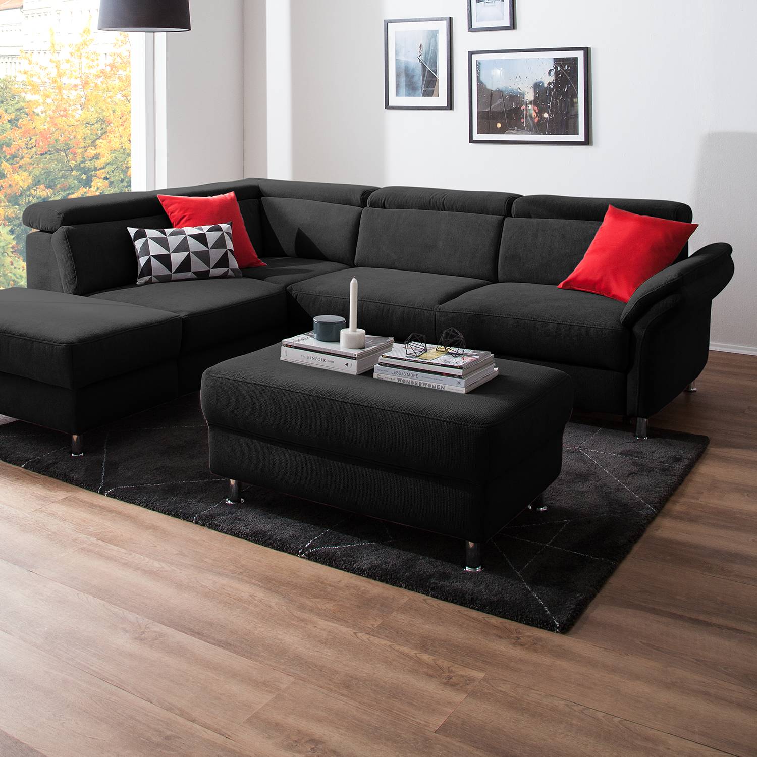 home24 Fredriks Polsterhocker Calang Schwarz Webstoff 102x45x68 cm (BxHxT) Modern