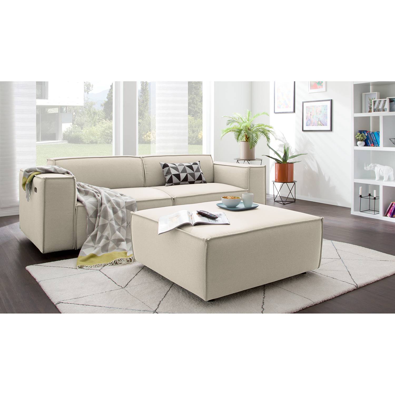 home24 Polsterhocker Kinx II Altweiß Strukturstoff 98x42x98 cm (BxHxT) Modern