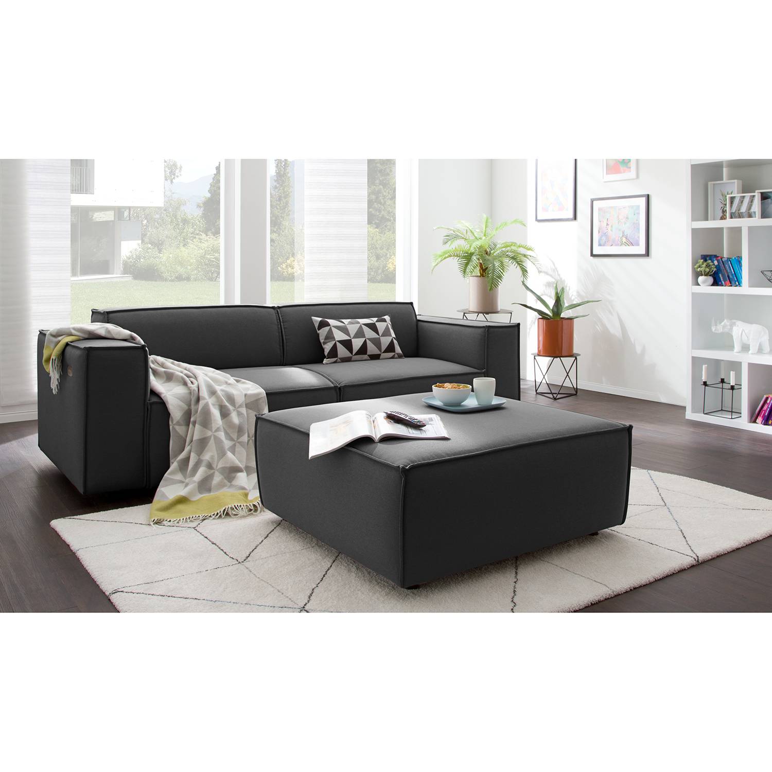 home24 Polsterhocker Kinx II Anthrazit Strukturstoff 98x42x98 cm (BxHxT) Modern