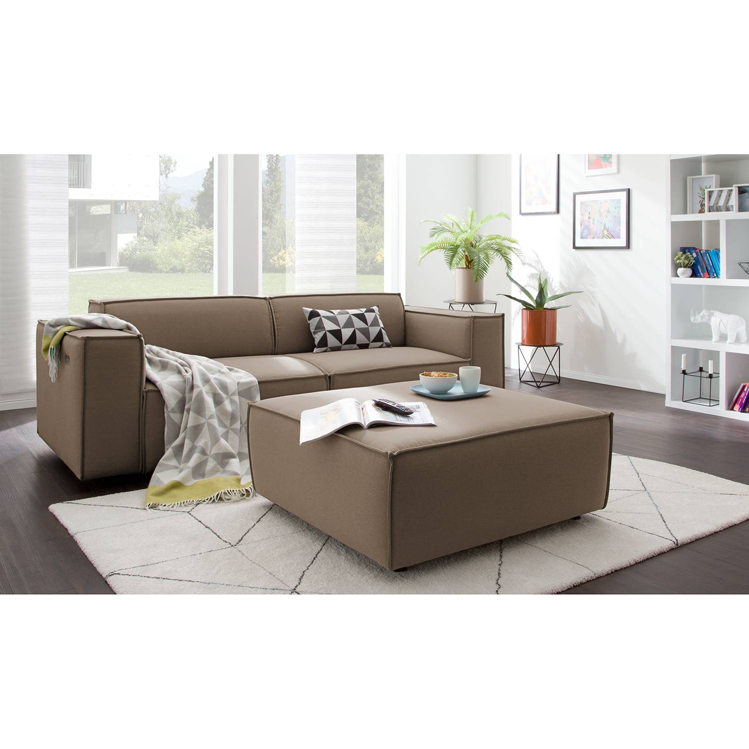 home24 Polsterhocker Kinx II Cappuccino Strukturstoff 98x42x98 cm (BxHxT) Modern