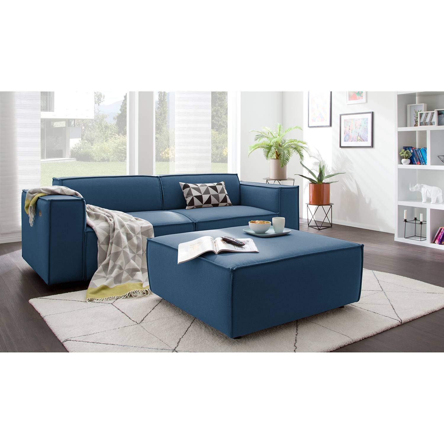 home24 Polsterhocker Kinx II Dunkelblau Strukturstoff 98x42x98 cm (BxHxT) Modern