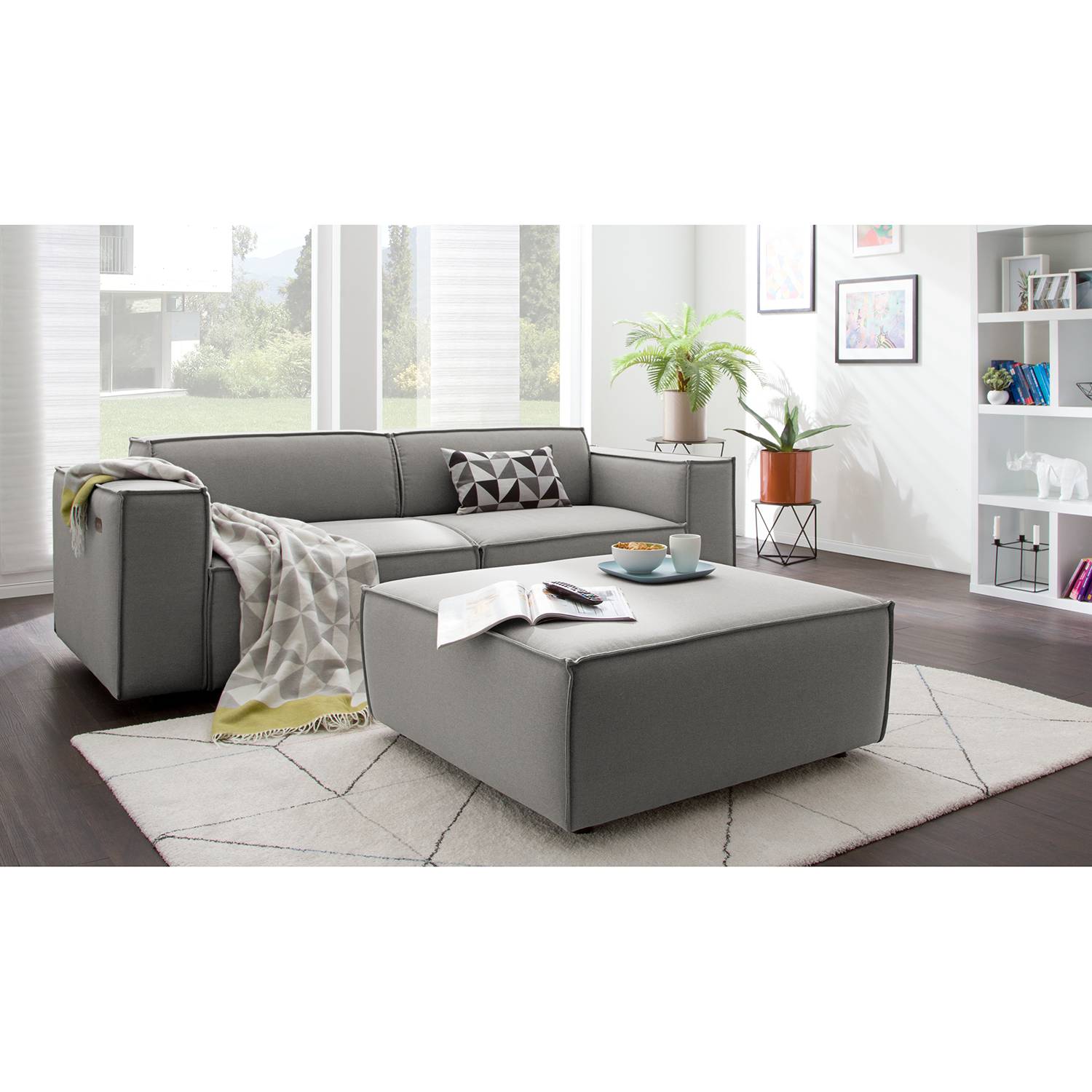 home24 Polsterhocker Kinx II Graubraun Strukturstoff 98x42x98 cm (BxHxT) Modern