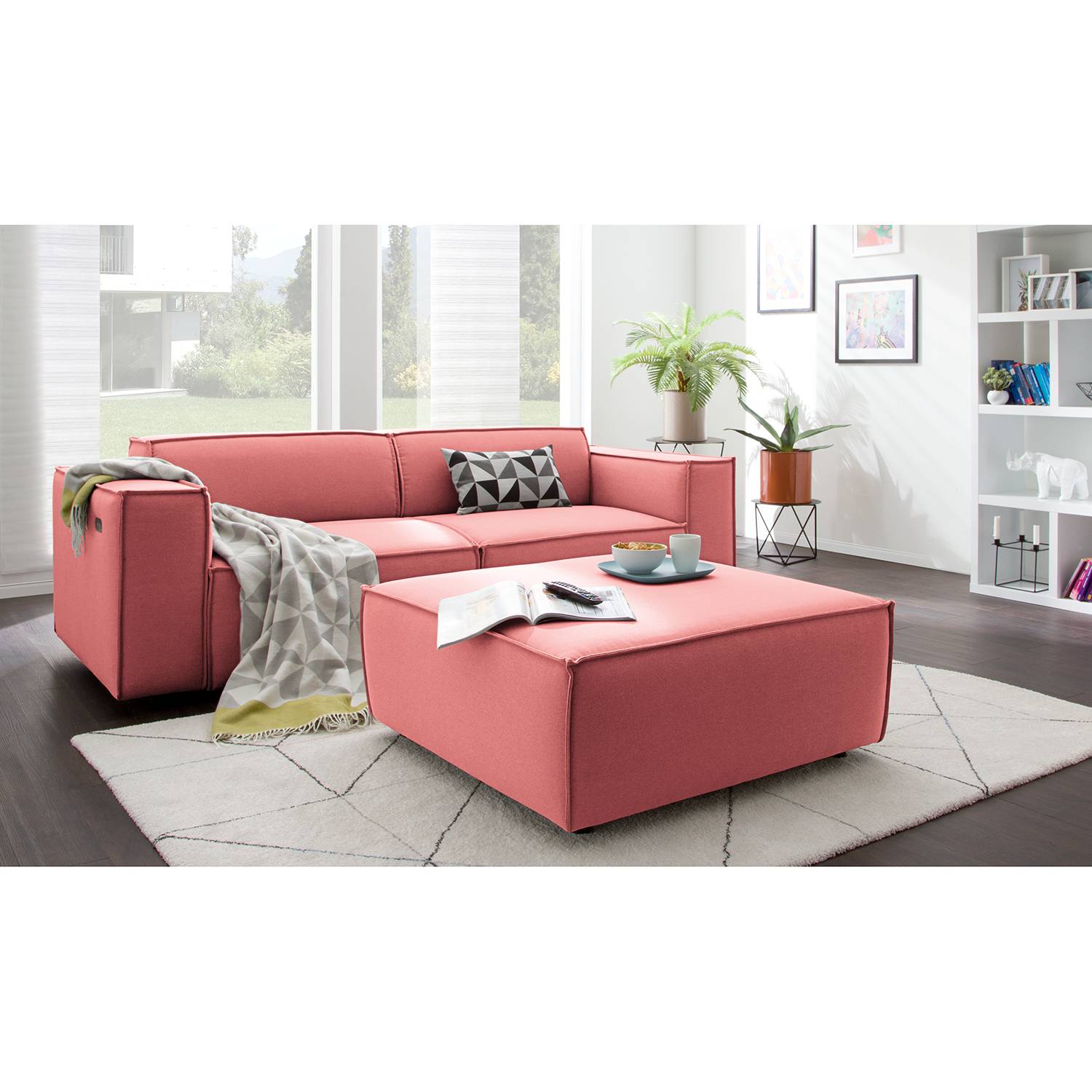 home24 Polsterhocker Kinx II Koralle Strukturstoff 98x42x98 cm (BxHxT) Modern