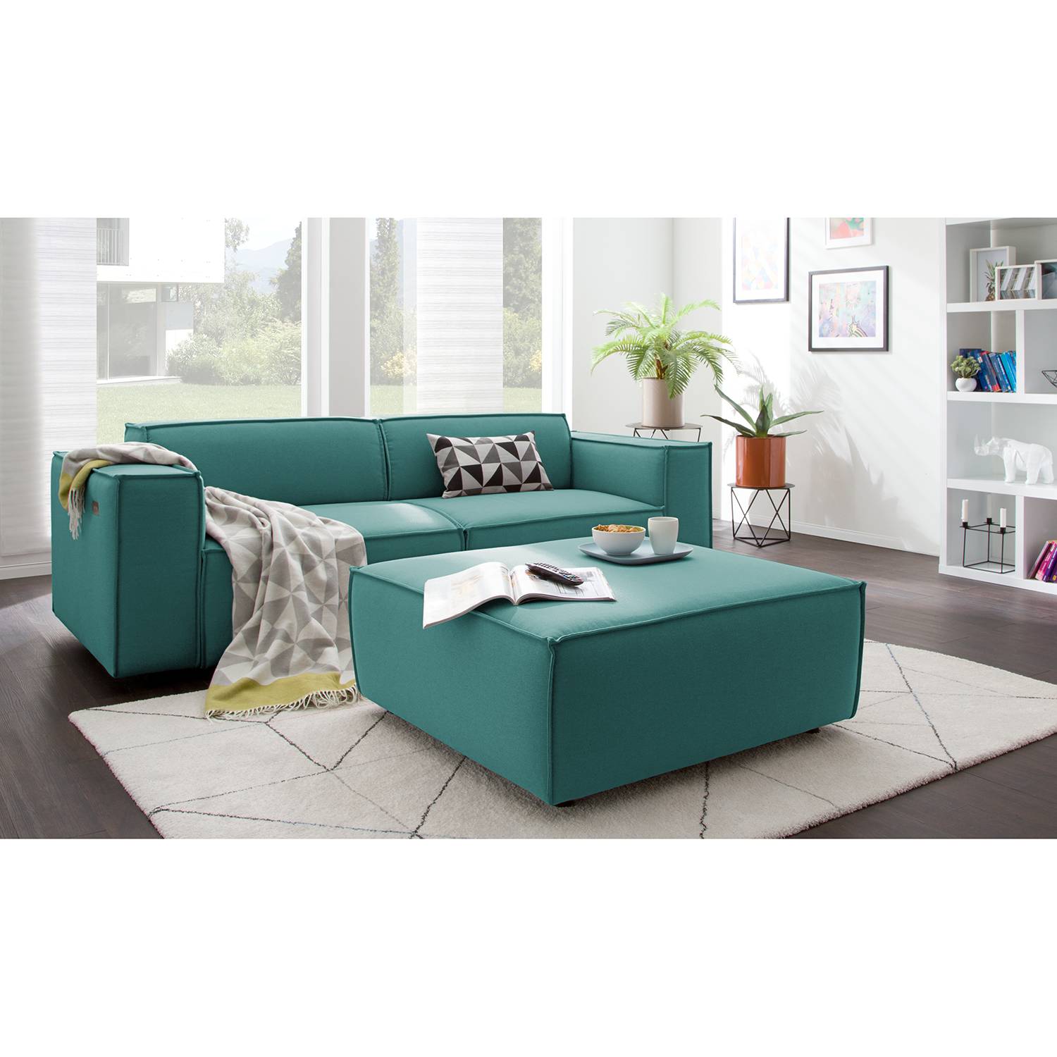 home24 Polsterhocker Kinx II Petrol Strukturstoff 98x42x98 cm (BxHxT) Modern