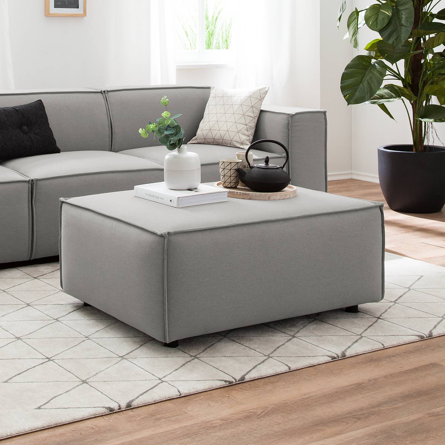 home24 Polsterhocker Kinx Graubraun Strukturstoff 98x42x79 cm (BxHxT) Modern