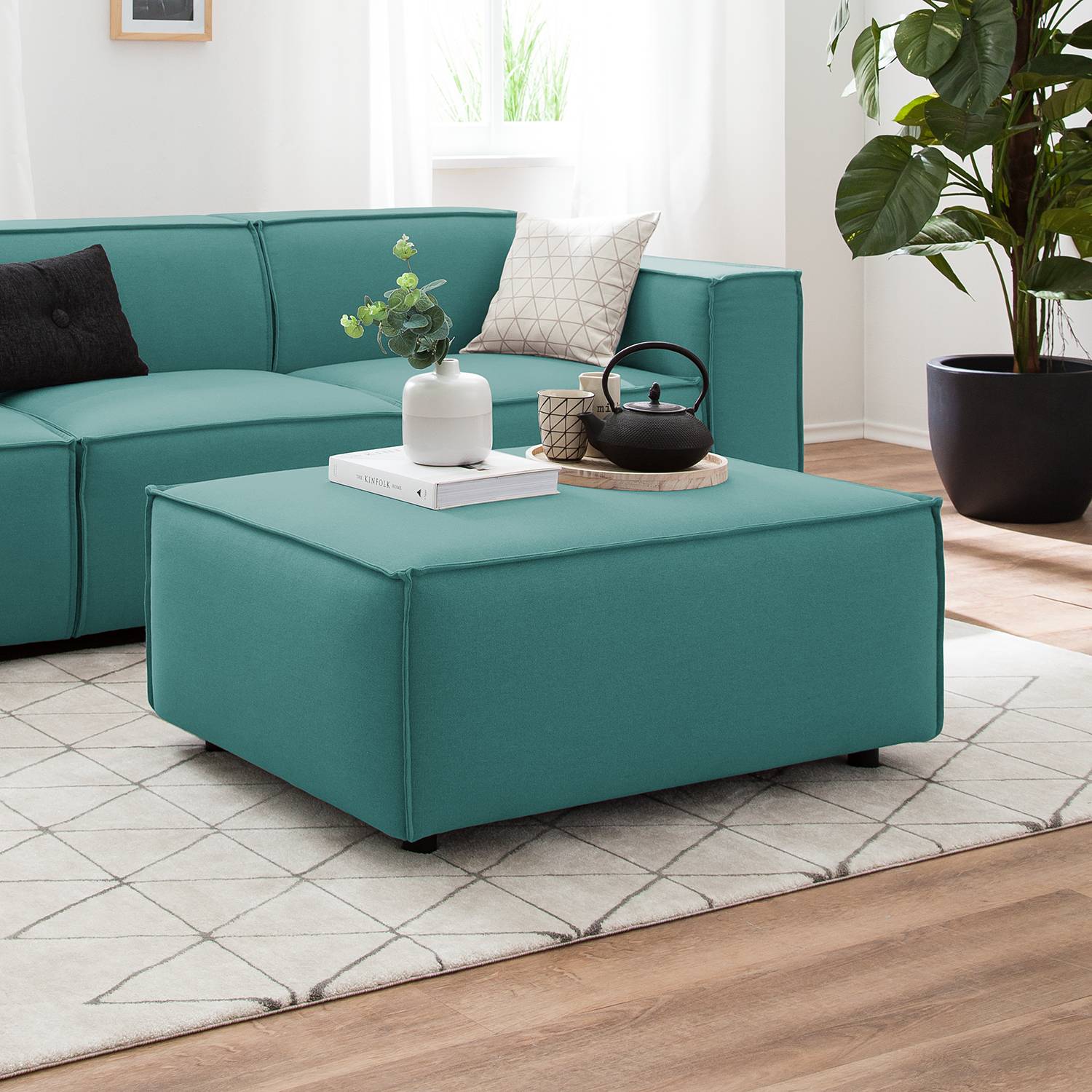 home24 Polsterhocker Kinx Petrol Strukturstoff 98x42x79 cm (BxHxT) Modern