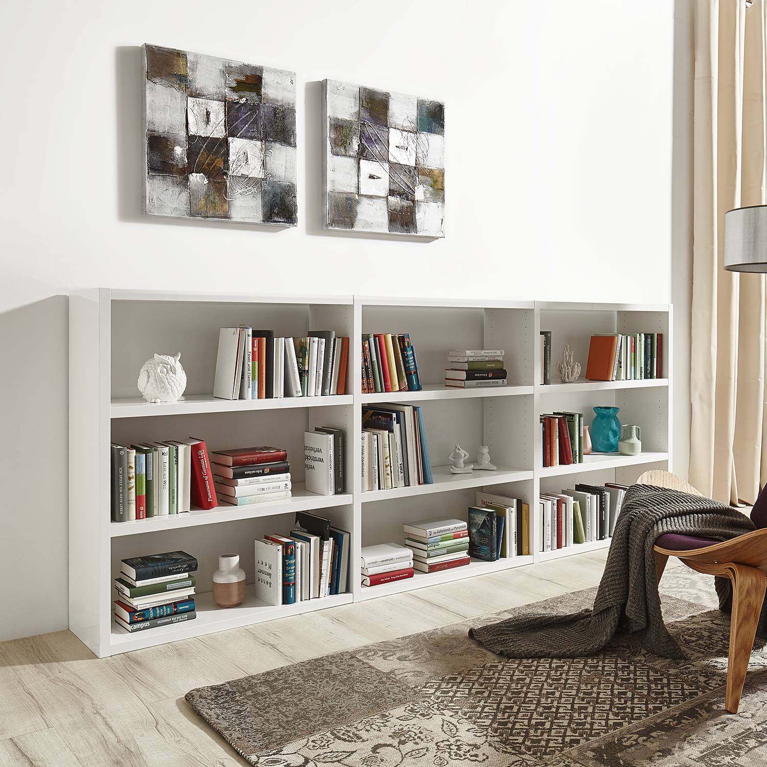 home24 Loftscape Bücherregal Empire Wabenplatte Hochglanz Weiß 276x112x33 cm (BxHxT)