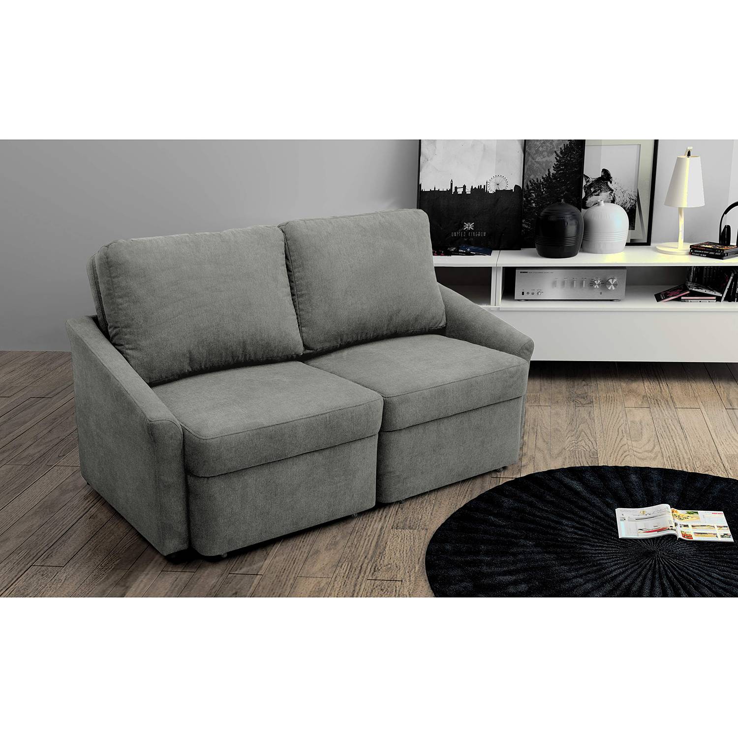 home24 Modoform Boxspring-Schlafsofa Befasy Grau Webstoff 168x86x96 cm (BxHxT) mit Schlaffunktion Modern