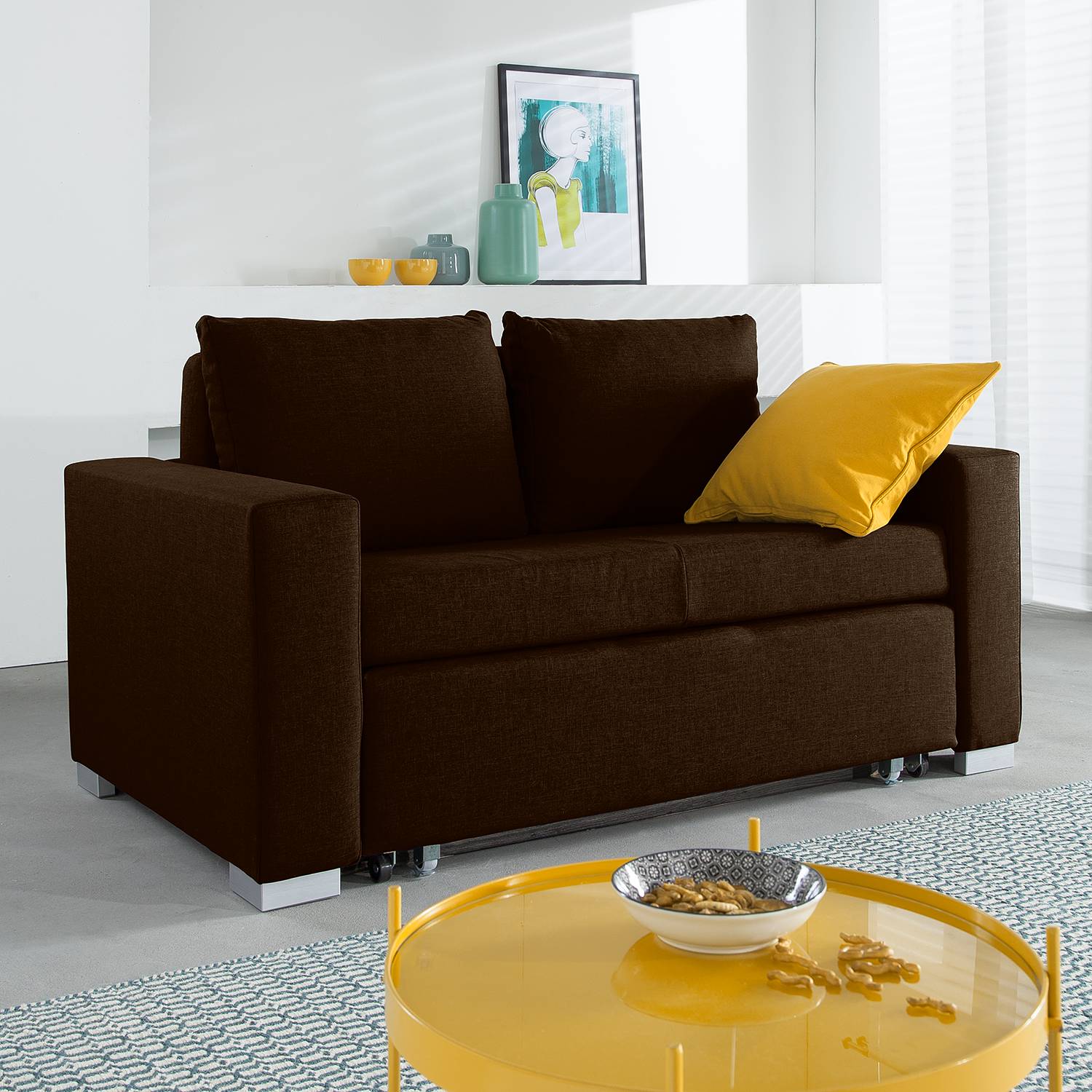 home24 mooved Schlafsofa Latina 2-Sitzer Dunkelbraun Webstoff 150x90x90 cm (BxHxT) mit Schlaffunktion/Bettkasten Modern