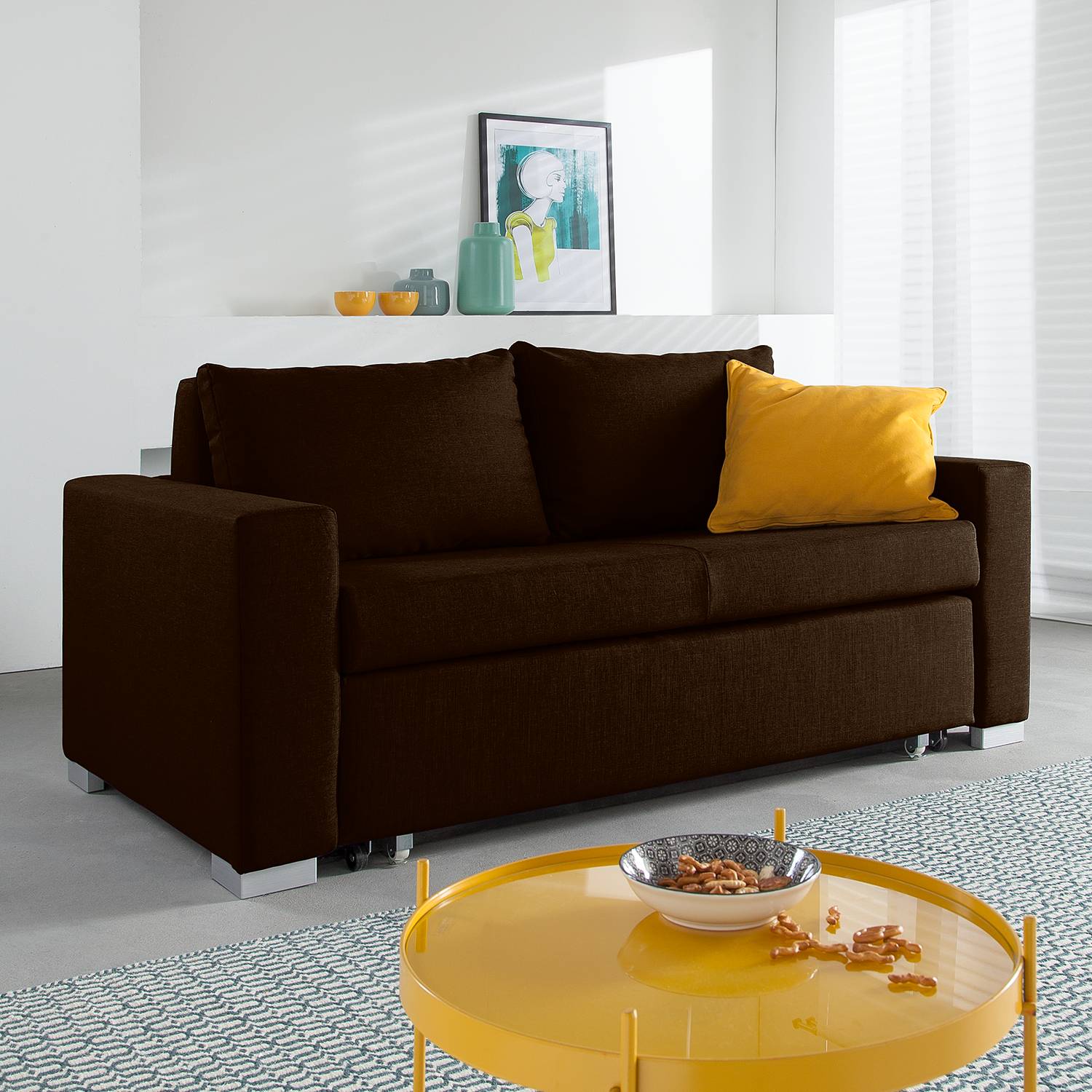 home24 mooved Schlafsofa Latina 2-Sitzer Dunkelbraun Webstoff 190x90x90 cm (BxHxT) mit Schlaffunktion/Bettkasten Modern