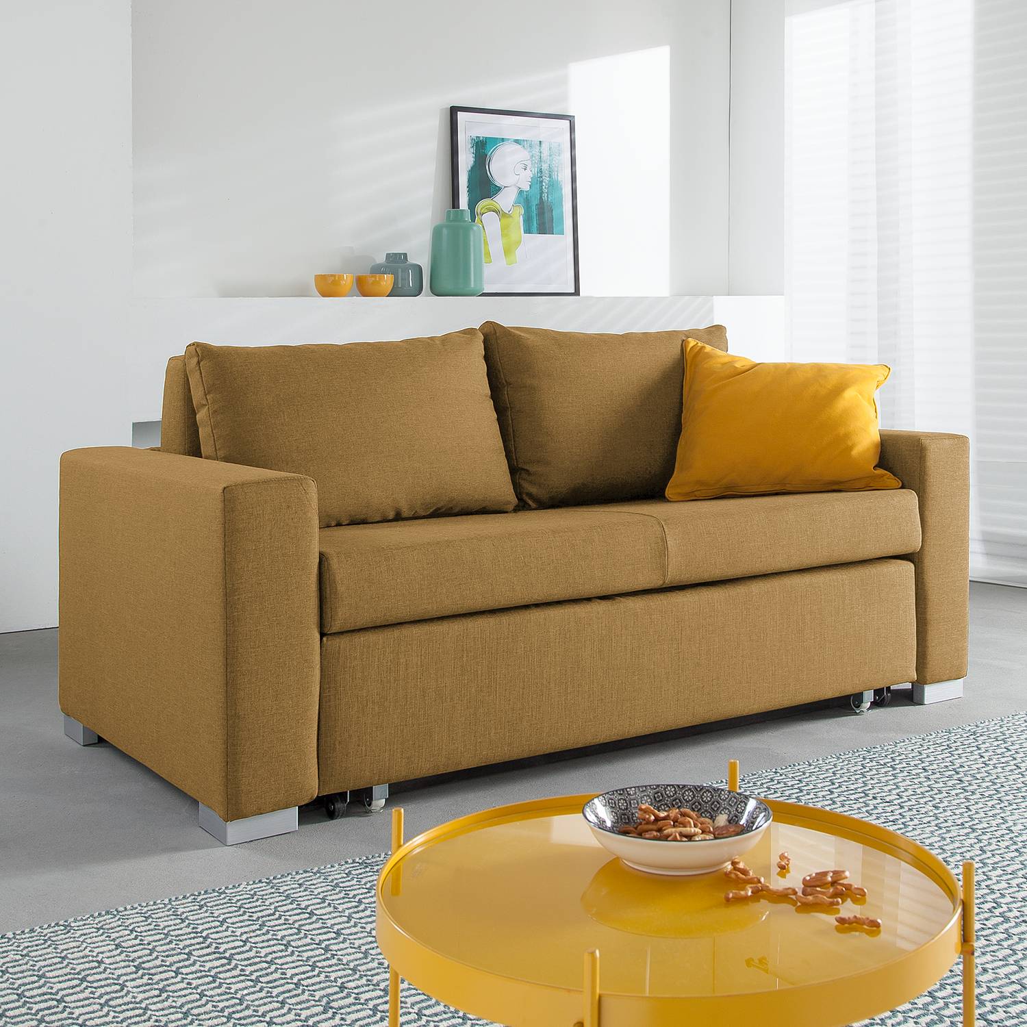 home24 mooved Schlafsofa Latina 2-Sitzer Goldbraun Webstoff 170x90x90 cm (BxHxT) mit Schlaffunktion/Bettkasten Modern