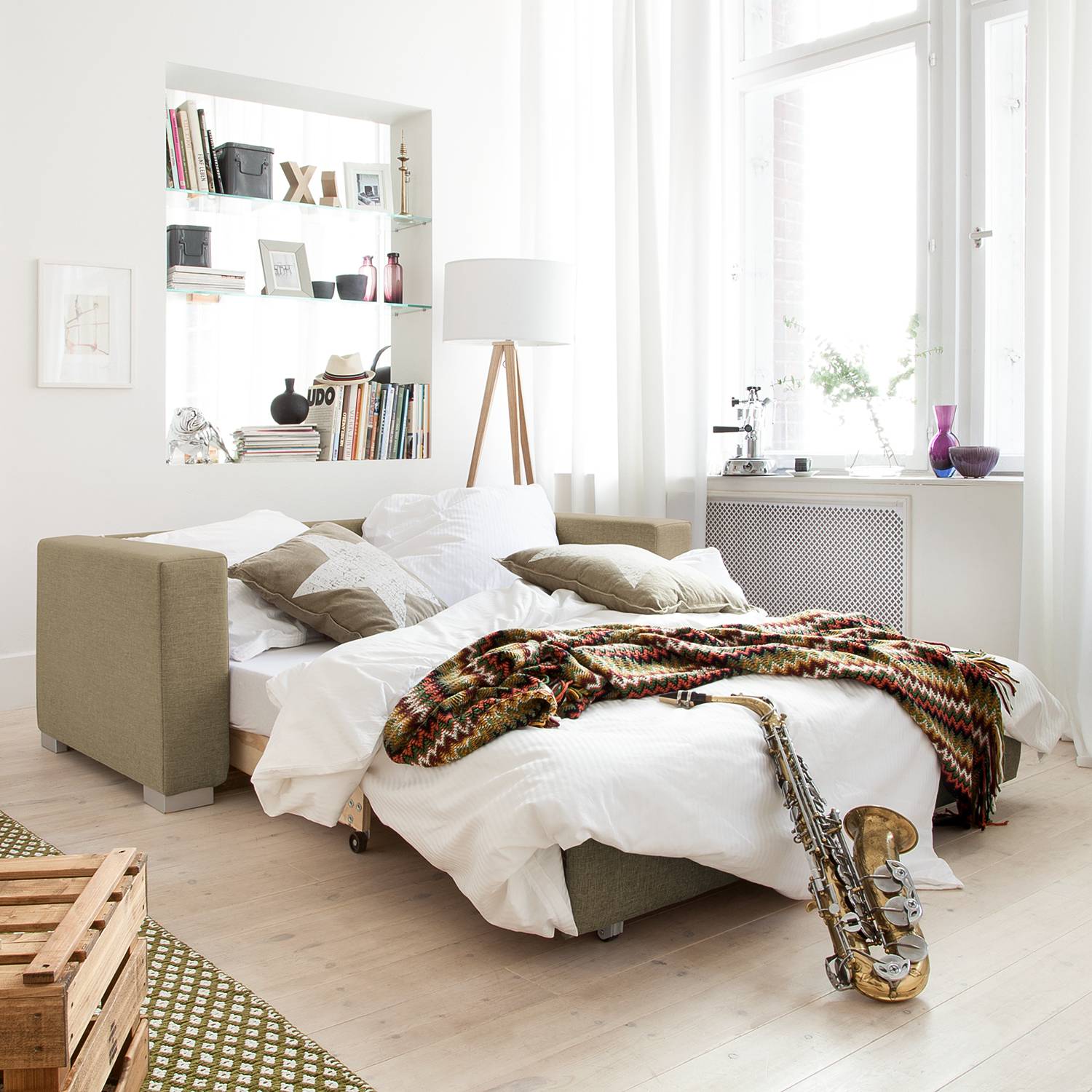 home24 mooved Schlafsofa Latina 2-Sitzer Sand Webstoff 190x90x90 cm (BxHxT) mit Schlaffunktion/Bettkasten Modern