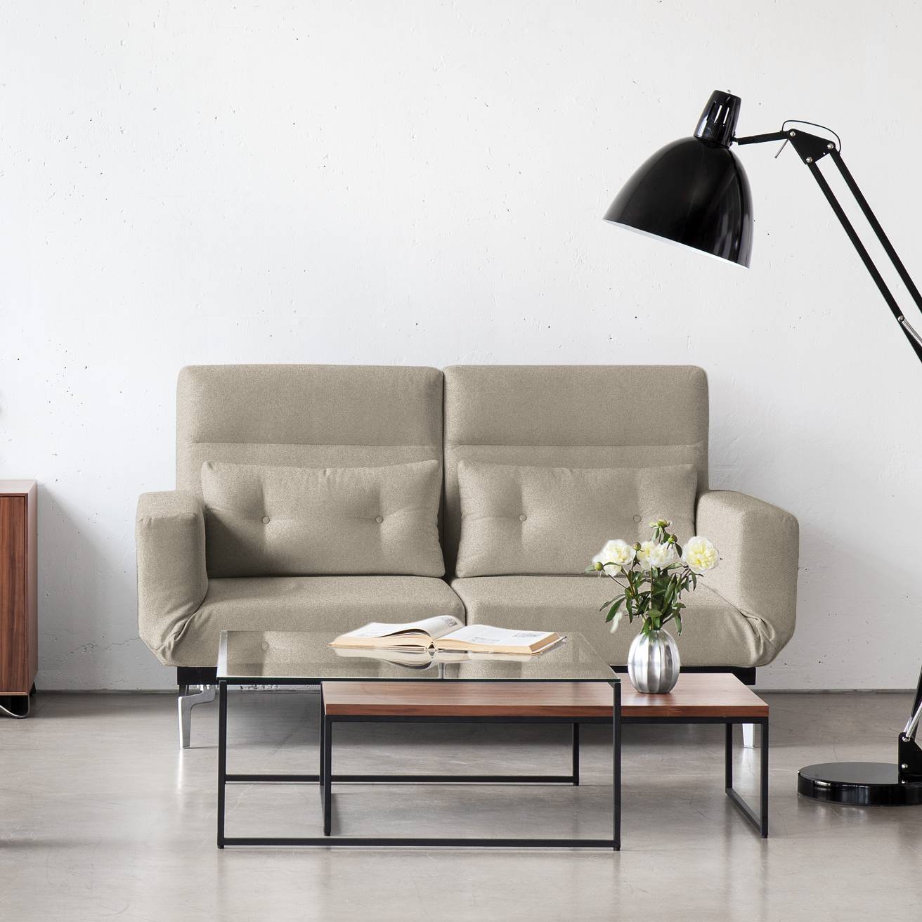 home24 Fredriks Schlafsofa Robertson Beige-Grau Webstoff 180x102x97 cm mit Schlaffunktion