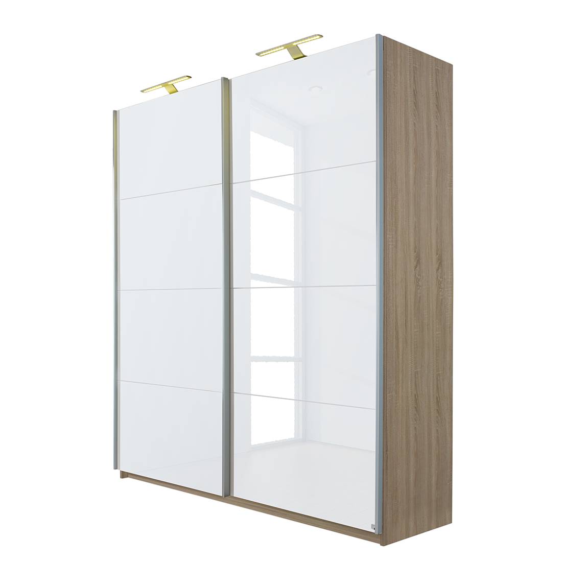 goedkoop Schuifdeurkast Beluga hoogglans wit Sonoma eikenhouten look 270cm 2 deurs 236cm Rauch Select
