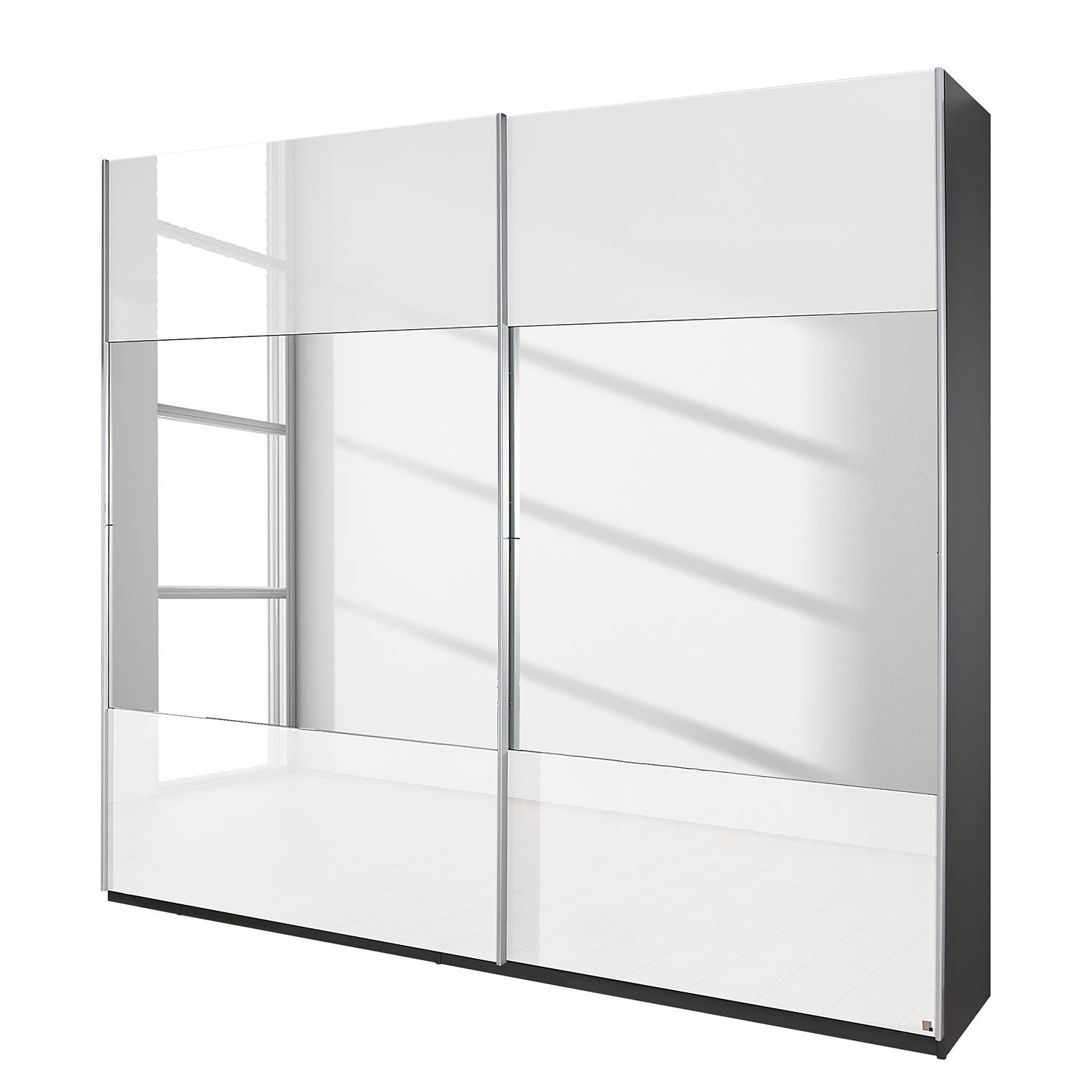 goedkoop Schuifdeurkast Beluga hoogglans wit verspiegeld grafietkleurig 136cm 2 deurs 236cm Rauch Select