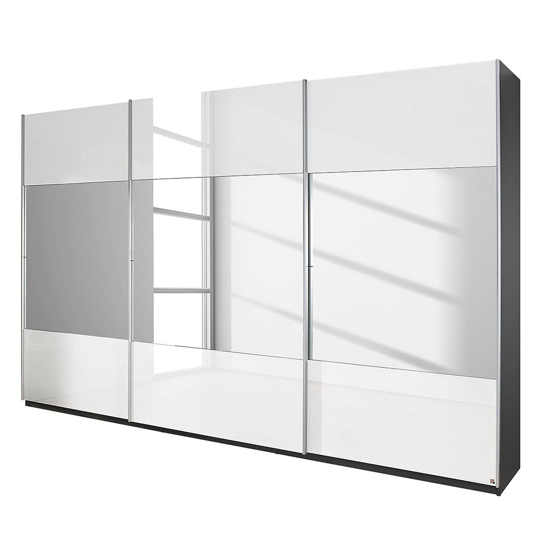 goedkoop Schuifdeurkast Beluga hoogglans wit verspiegeld grafietkleurig 315cm 3 deurs 236cm Rauch Select