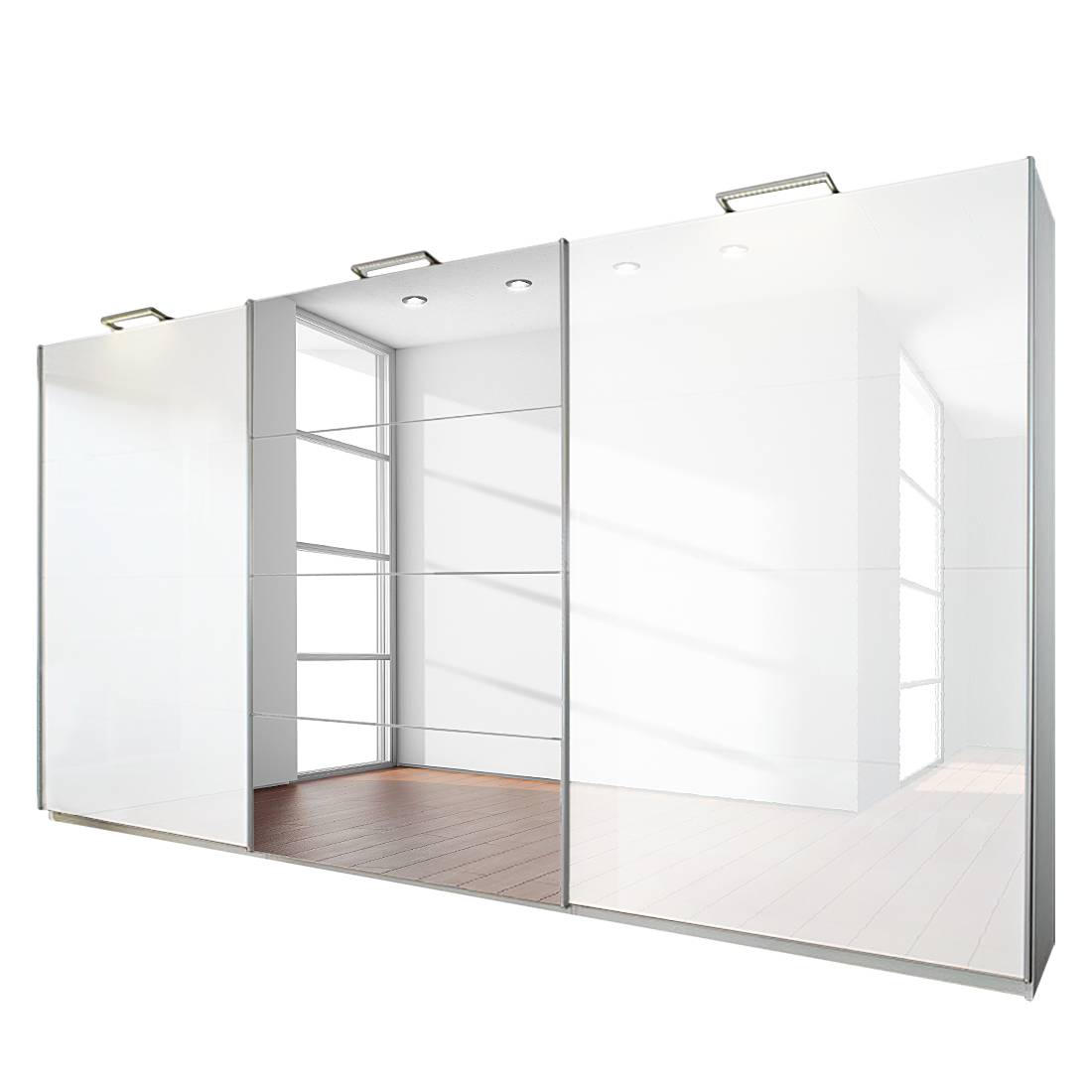 goedkoop 3 deurs schuifdeurkast Beluga Plus alpinewit hoogglans wit met spiegel 315cm 3 deurs 223cm Rauch Select